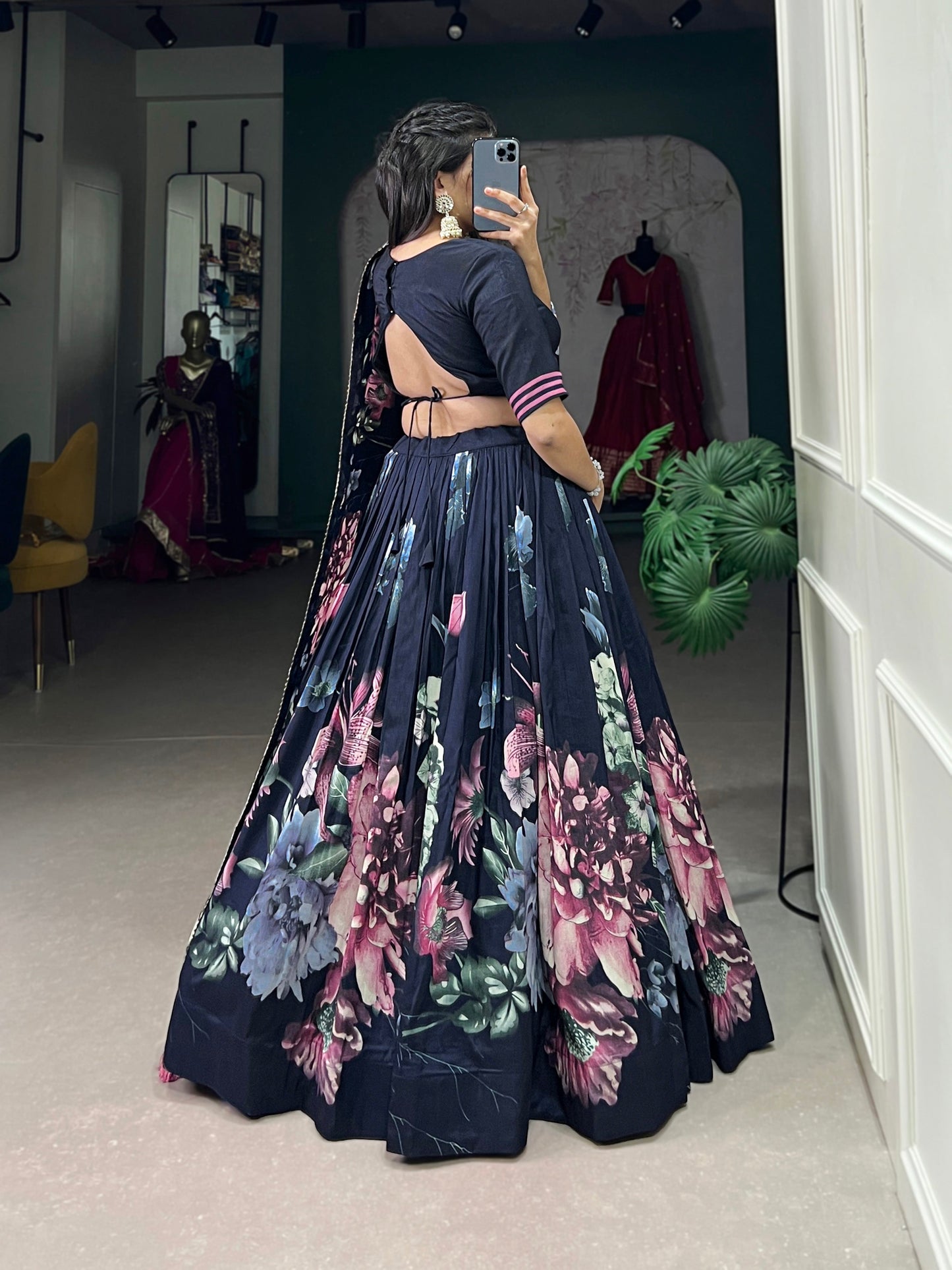 Lorenvalley Blue Tussar Silk Floral Print with Lace Touch Up Lehenga Choli | Swadesiicart