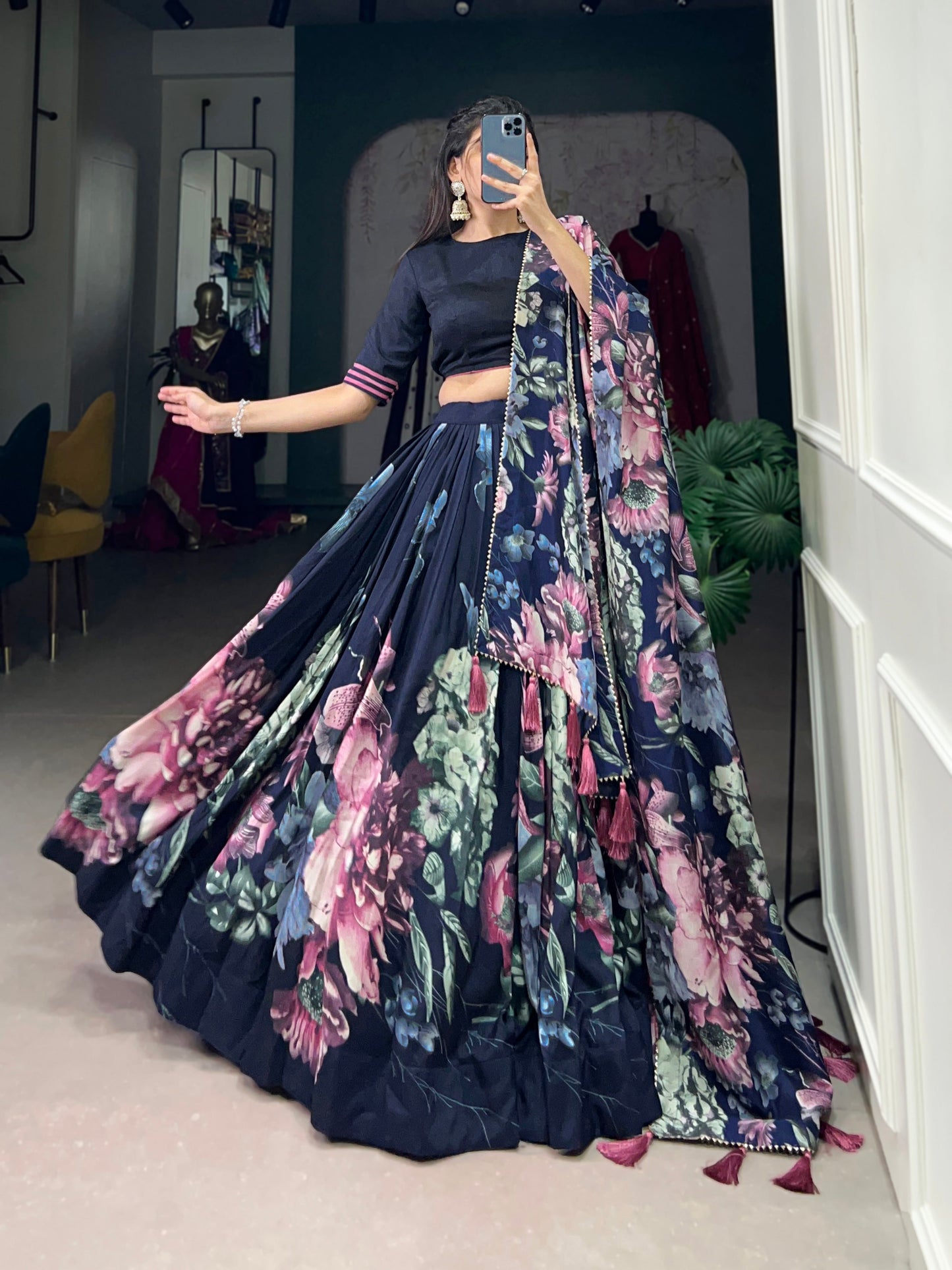 Lorenvalley Blue Tussar Silk Floral Print with Lace Touch Up Lehenga Choli | Swadesiicart
