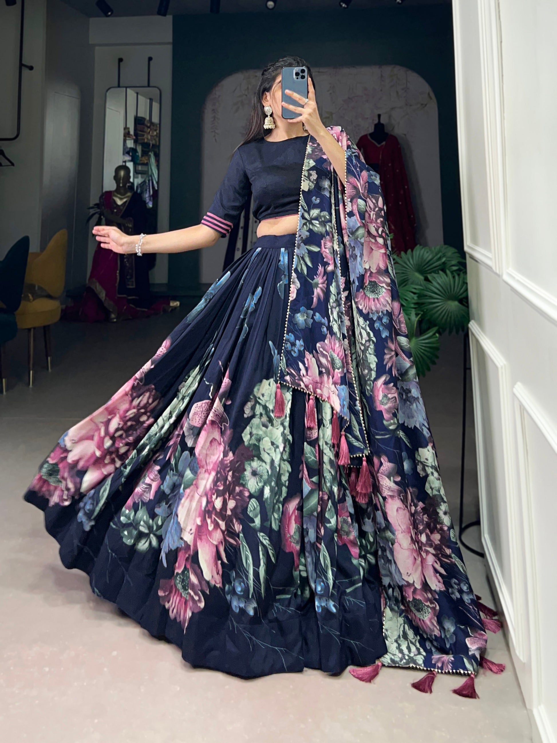 Lorenvalley Blue Tussar Silk Floral Print with Lace Touch Up Lehenga Choli | Swadesiicart