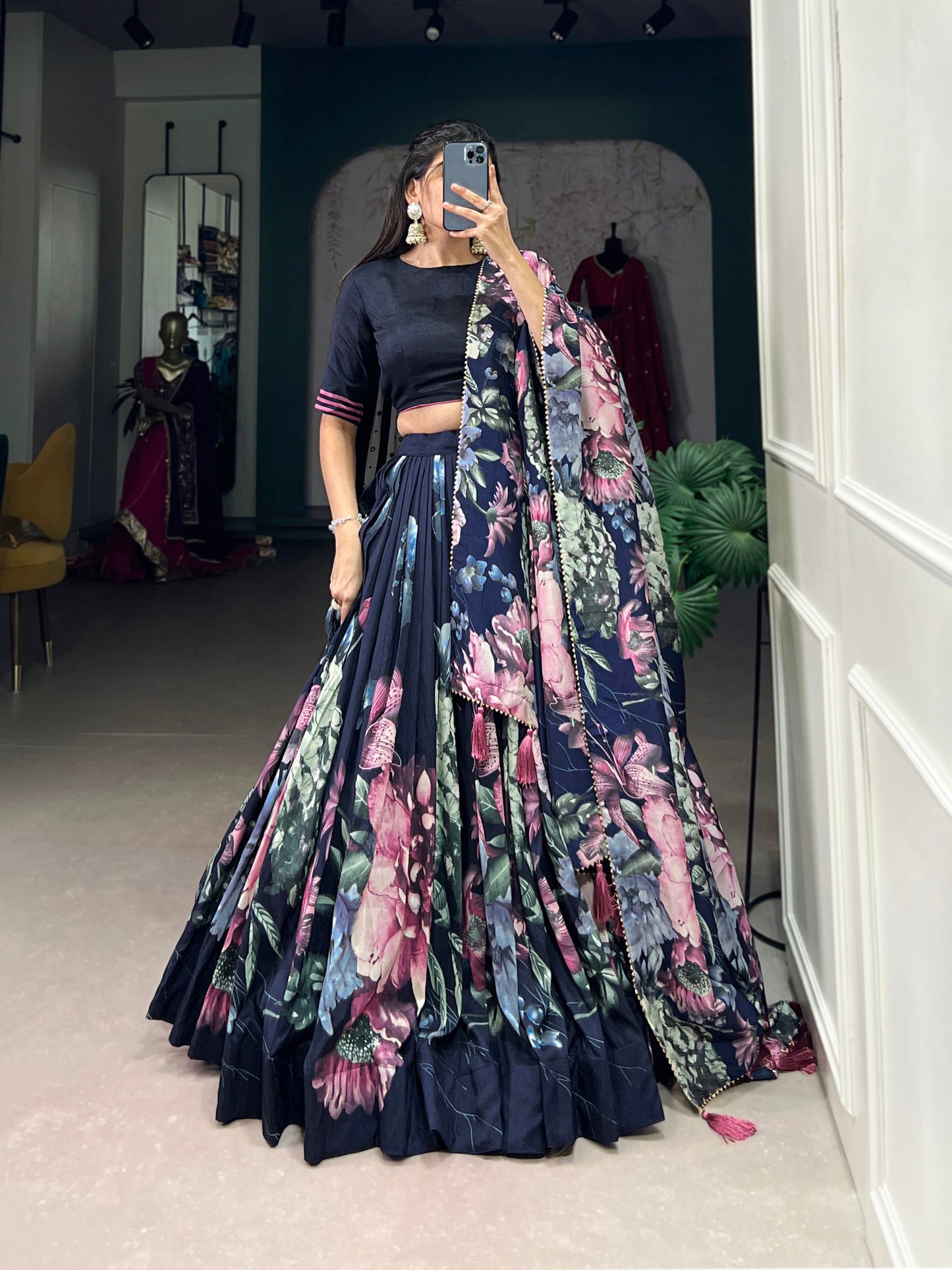 Lorenvalley Blue Tussar Silk Floral Print with Lace Touch Up Lehenga Choli | Swadesiicart