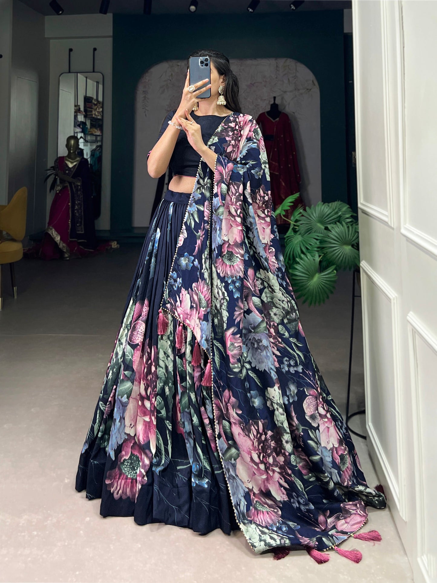 Lorenvalley Blue Tussar Silk Floral Print with Lace Touch Up Lehenga Choli | Swadesiicart