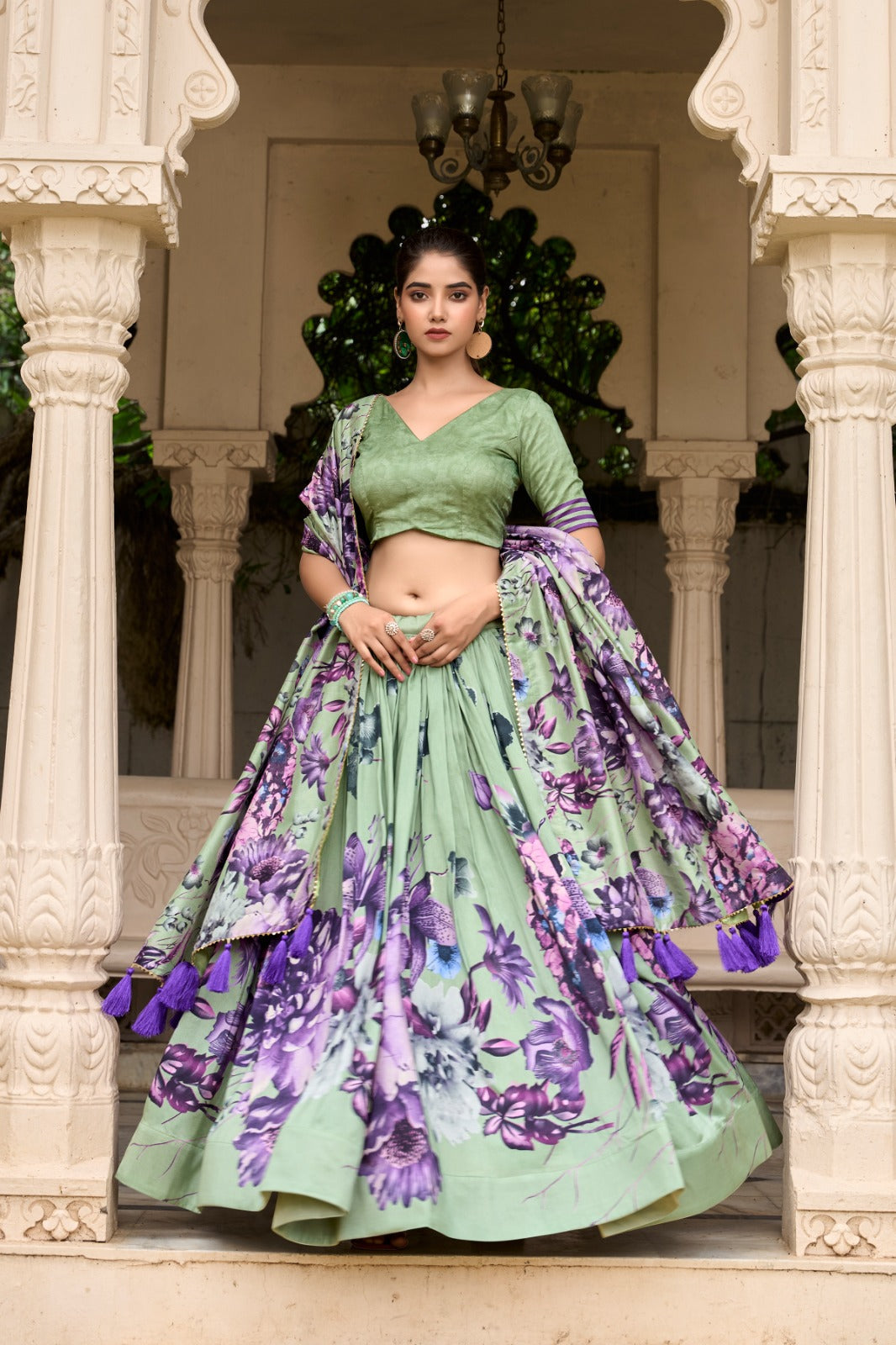 Lorenvalley Pista Tussar Silk Floral Print with Lace Touch Up Lehenga Choli | Swadesiicart