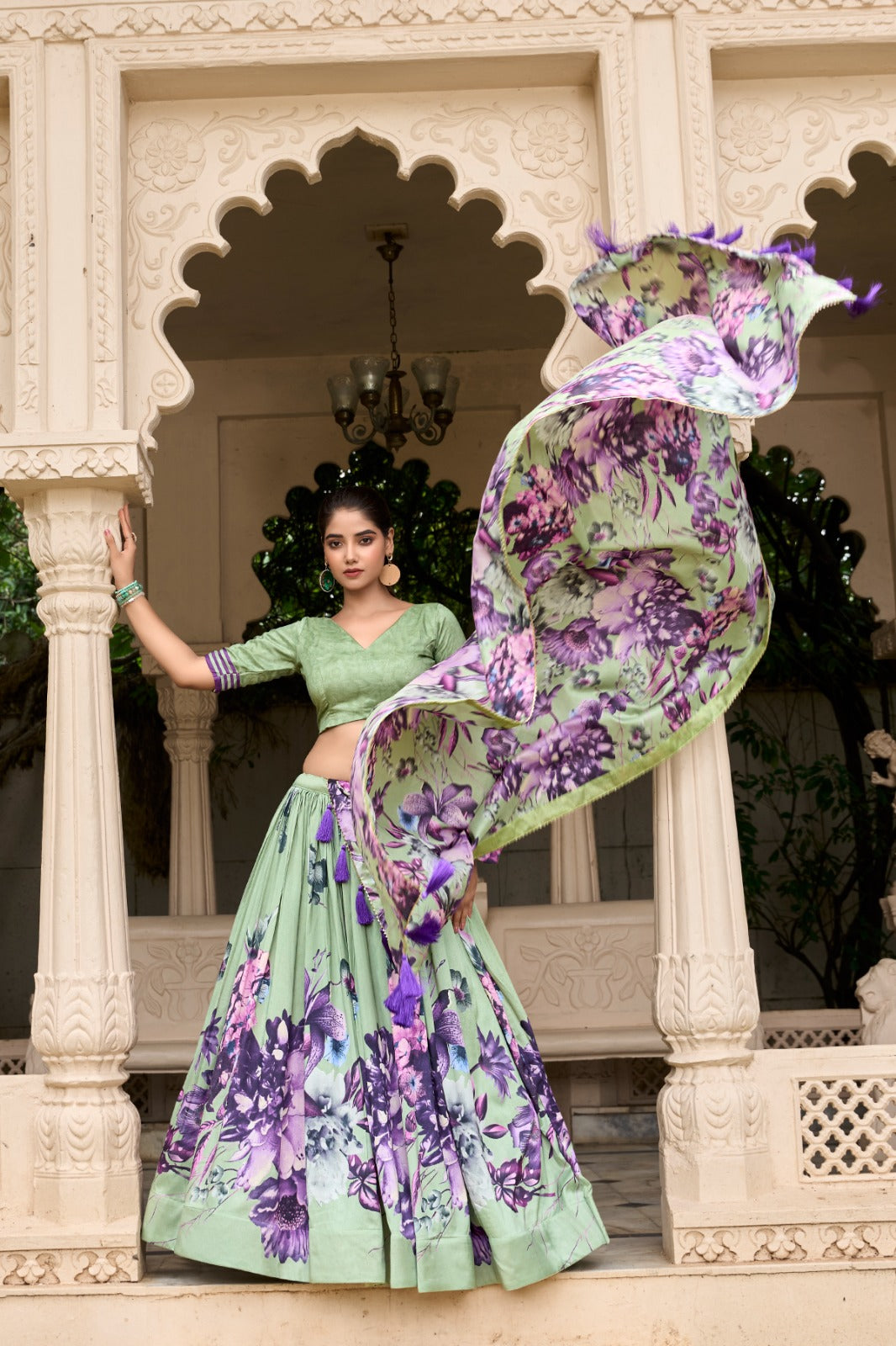 Lorenvalley Pista Tussar Silk Floral Print with Lace Touch Up Lehenga Choli | Swadesiicart