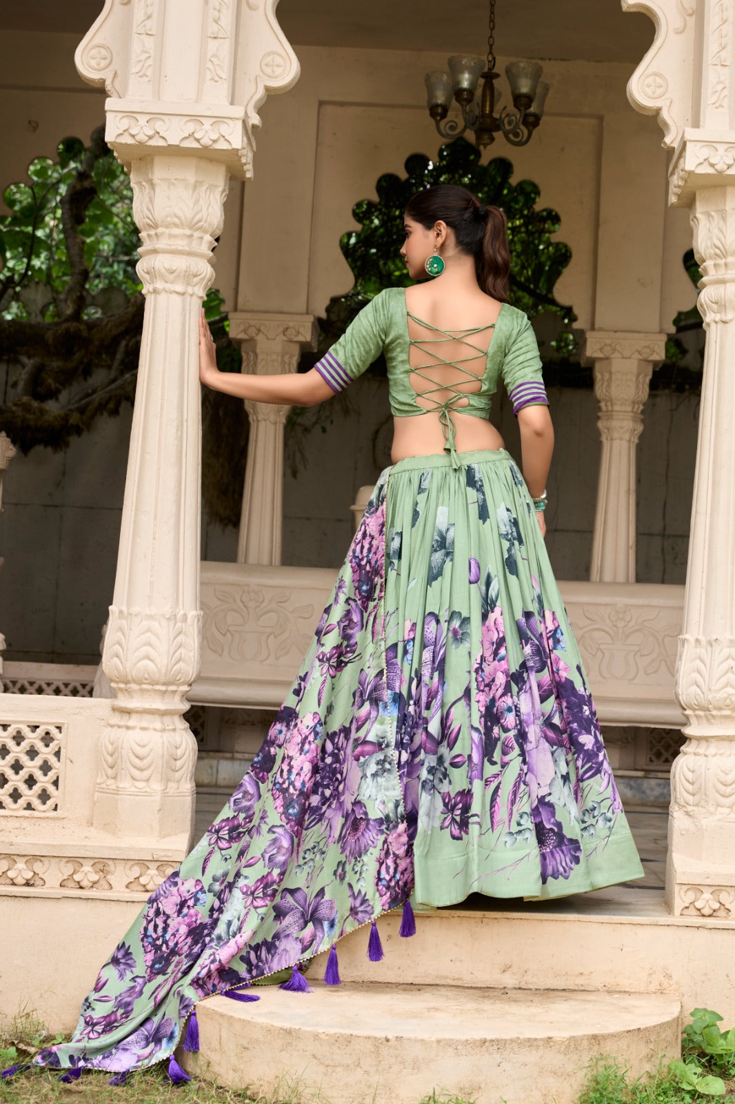 Lorenvalley Pista Tussar Silk Floral Print with Lace Touch Up Lehenga Choli | Swadesiicart