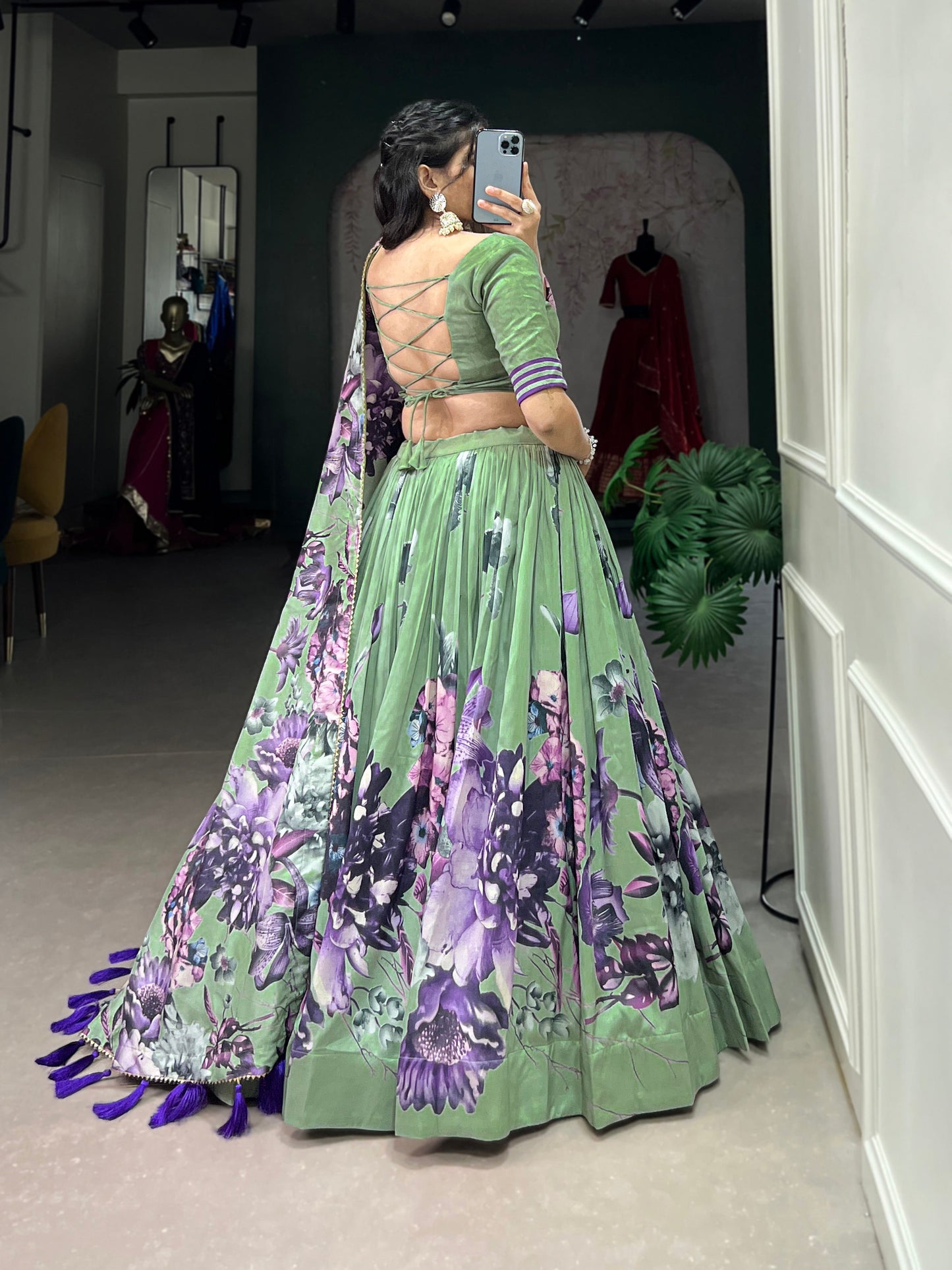 Lorenvalley Pista Tussar Silk Floral Print with Lace Touch Up Lehenga Choli | Swadesiicart