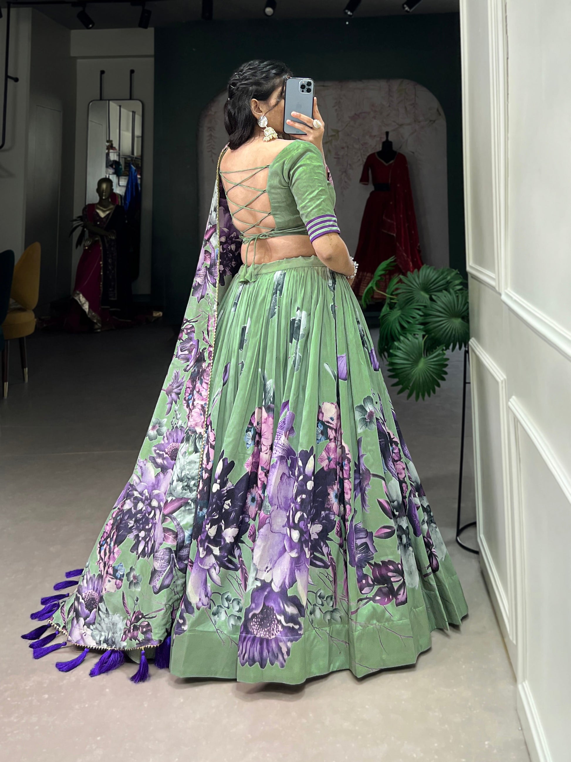 Lorenvalley Pista Tussar Silk Floral Print with Lace Touch Up Lehenga Choli | Swadesiicart