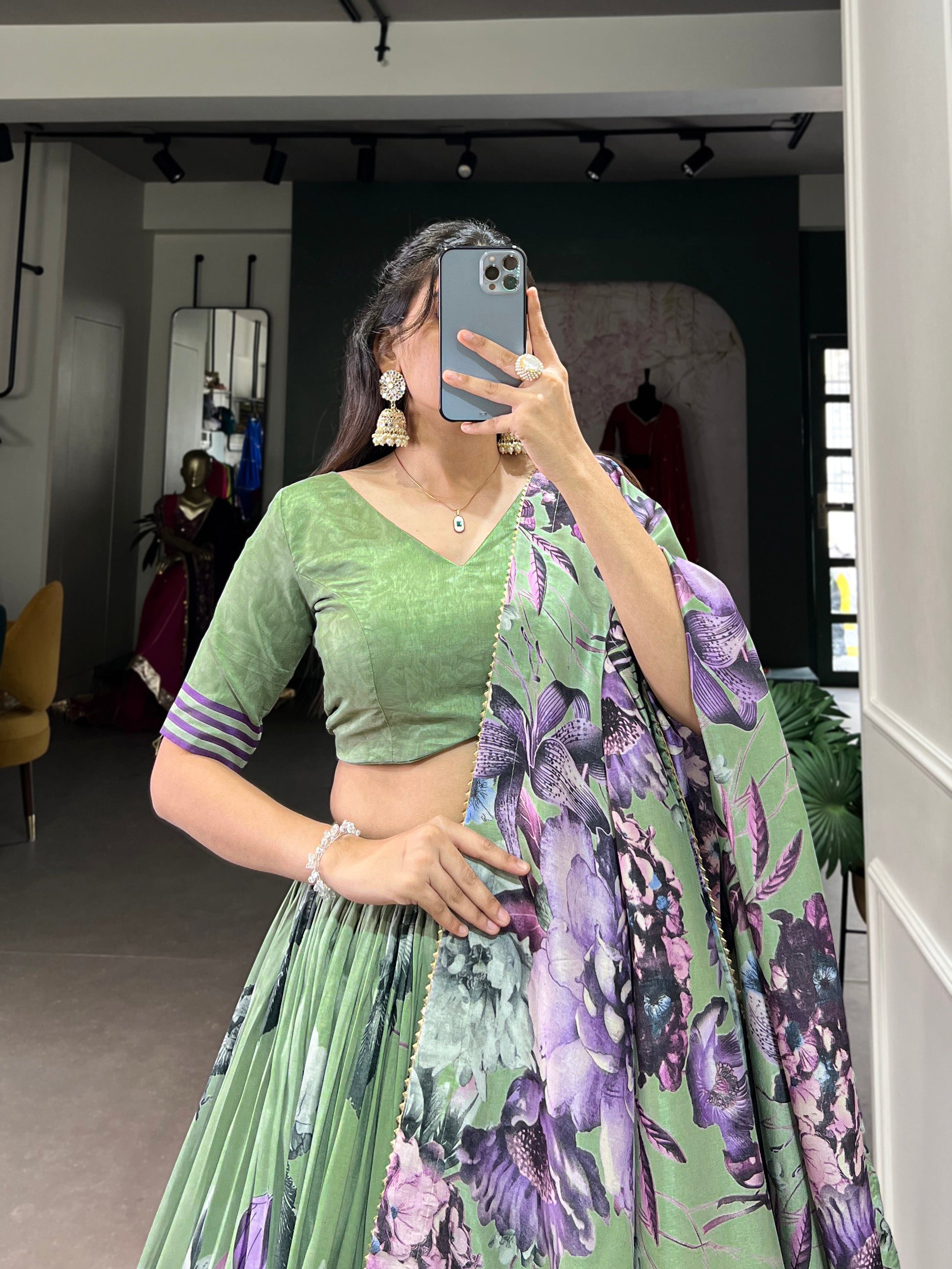 Lorenvalley Pista Tussar Silk Floral Print with Lace Touch Up Lehenga Choli | Swadesiicart