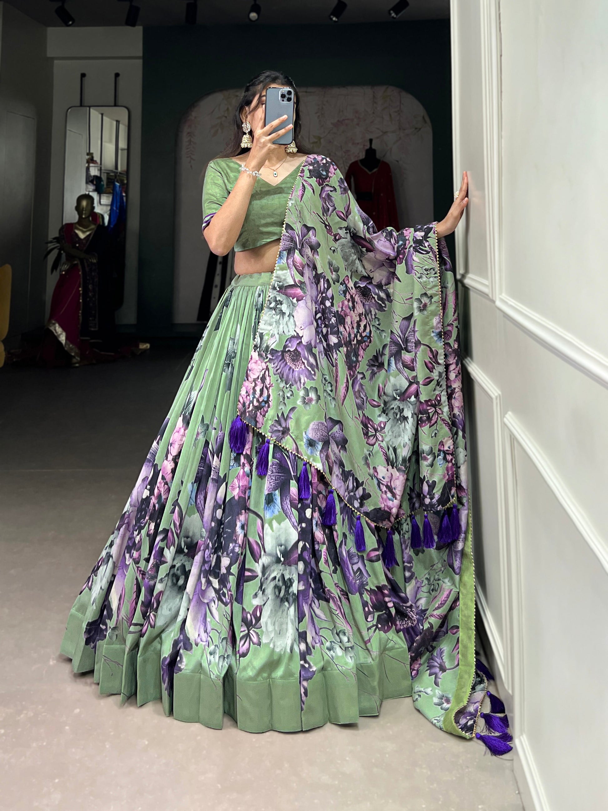 Lorenvalley Pista Tussar Silk Floral Print with Lace Touch Up Lehenga Choli | Swadesiicart