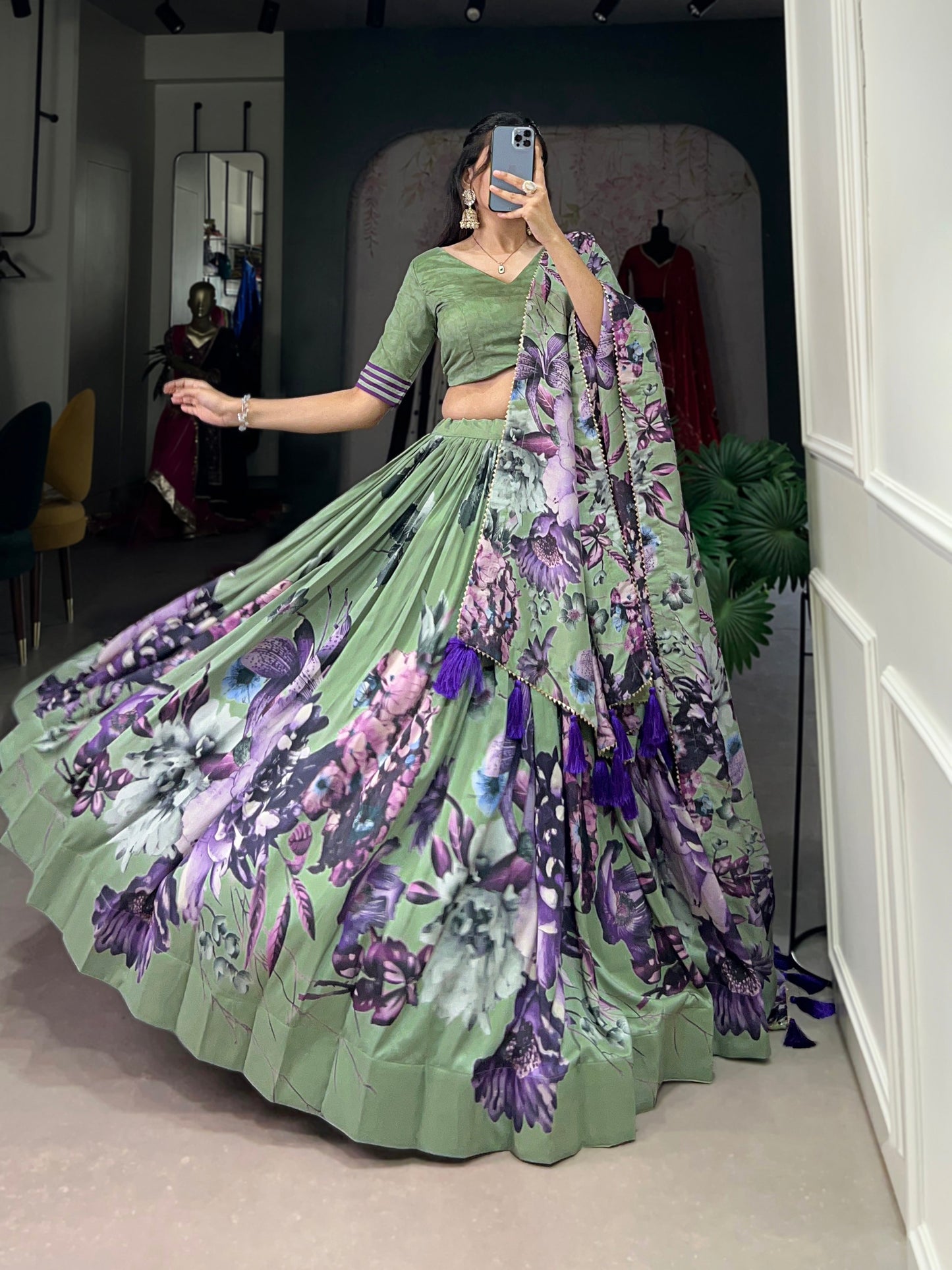 Lorenvalley Pista Tussar Silk Floral Print with Lace Touch Up Lehenga Choli | Swadesiicart