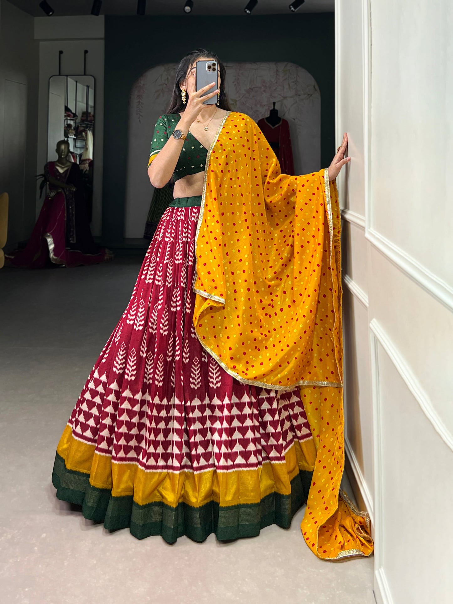 Lorenvalley Maroon Tassar Silk Print with Foil Work Lehenga Choli with Dupatta | Swadesiicart