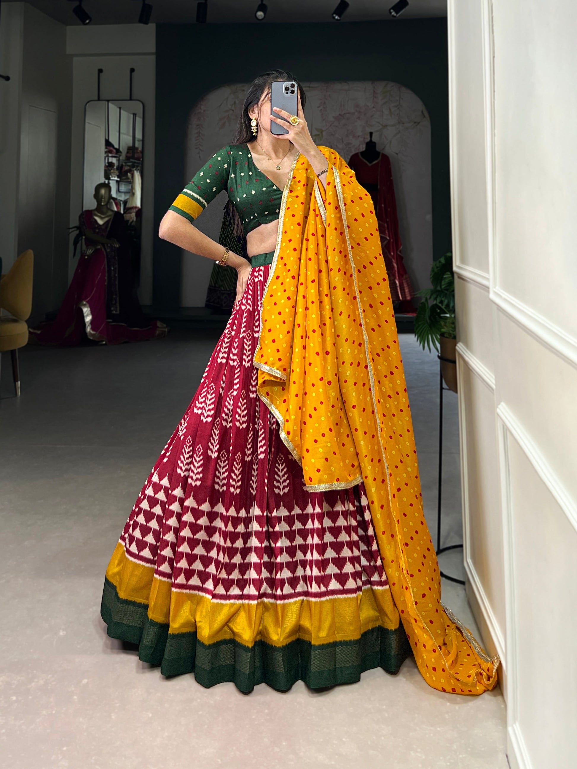 Lorenvalley Maroon Tassar Silk Print with Foil Work Lehenga Choli with Dupatta | Swadesiicart