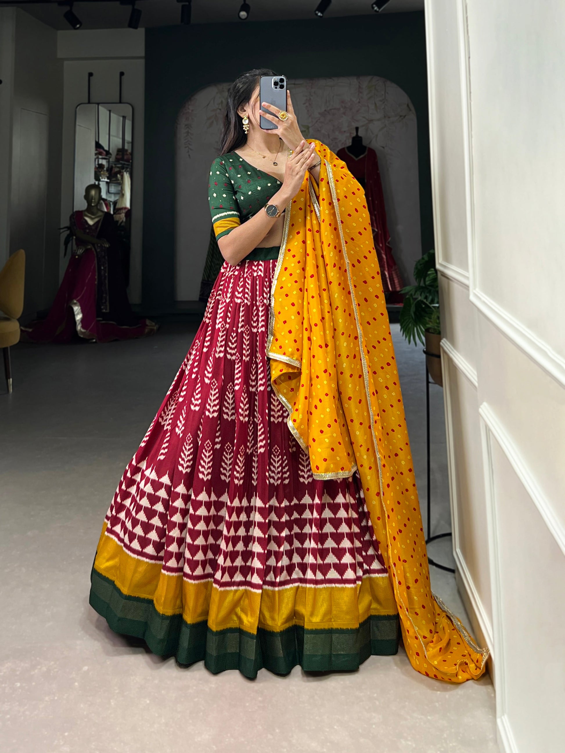 Lorenvalley Maroon Tassar Silk Print with Foil Work Lehenga Choli with Dupatta | Swadesiicart