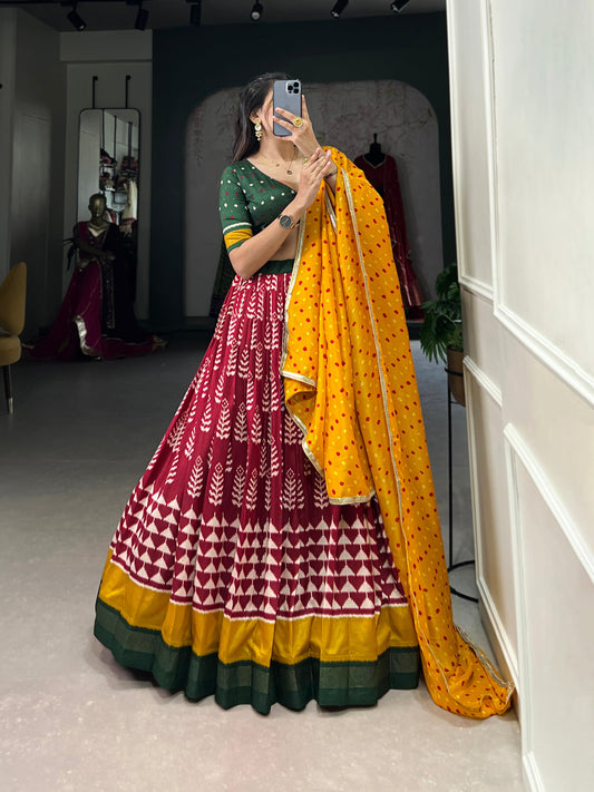 Lorenvalley Maroon Tassar Silk Print with Foil Work Lehenga Choli with Dupatta | Swadesiicart