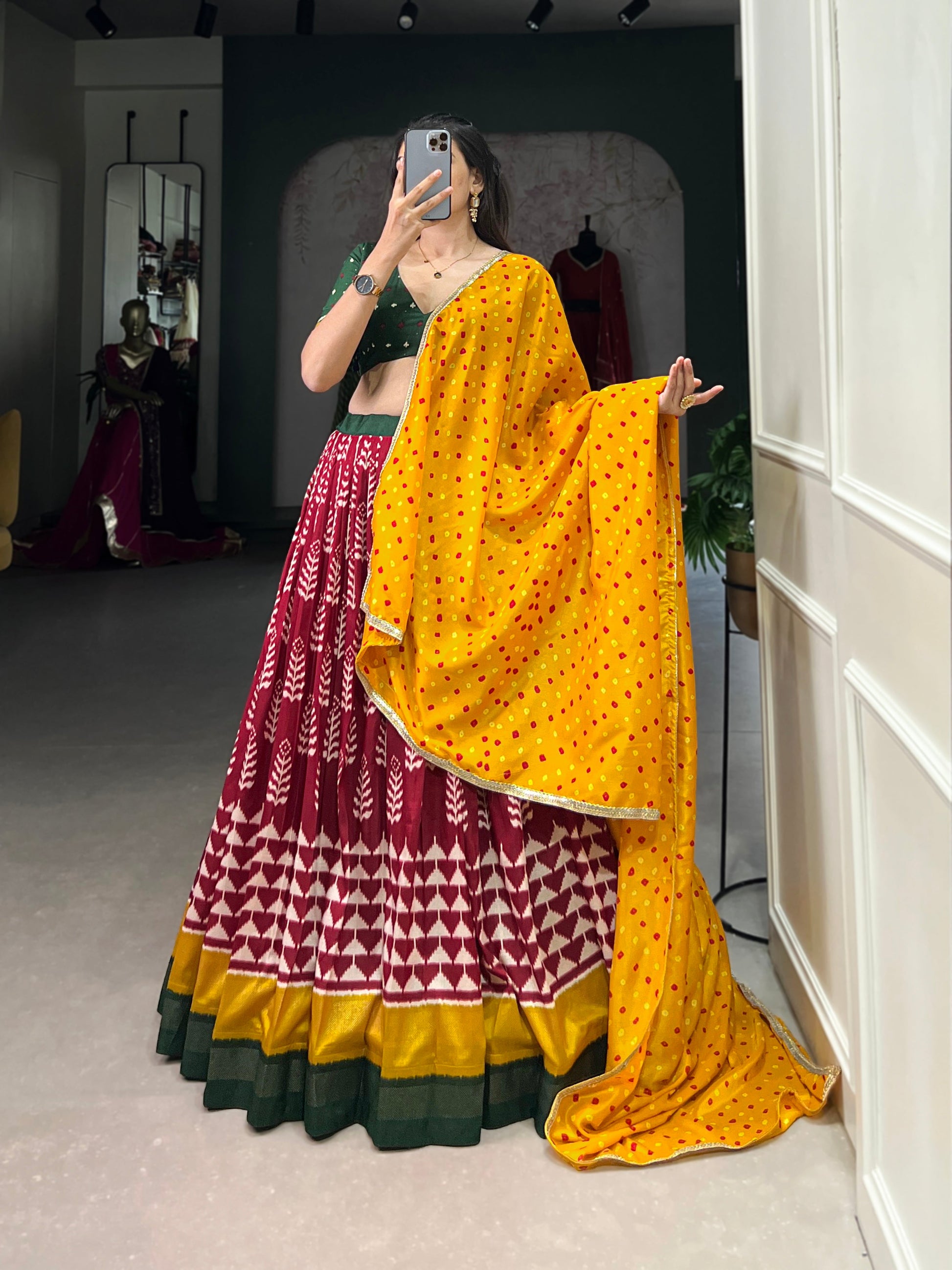 Lorenvalley Maroon Tassar Silk Print with Foil Work Lehenga Choli with Dupatta | Swadesiicart