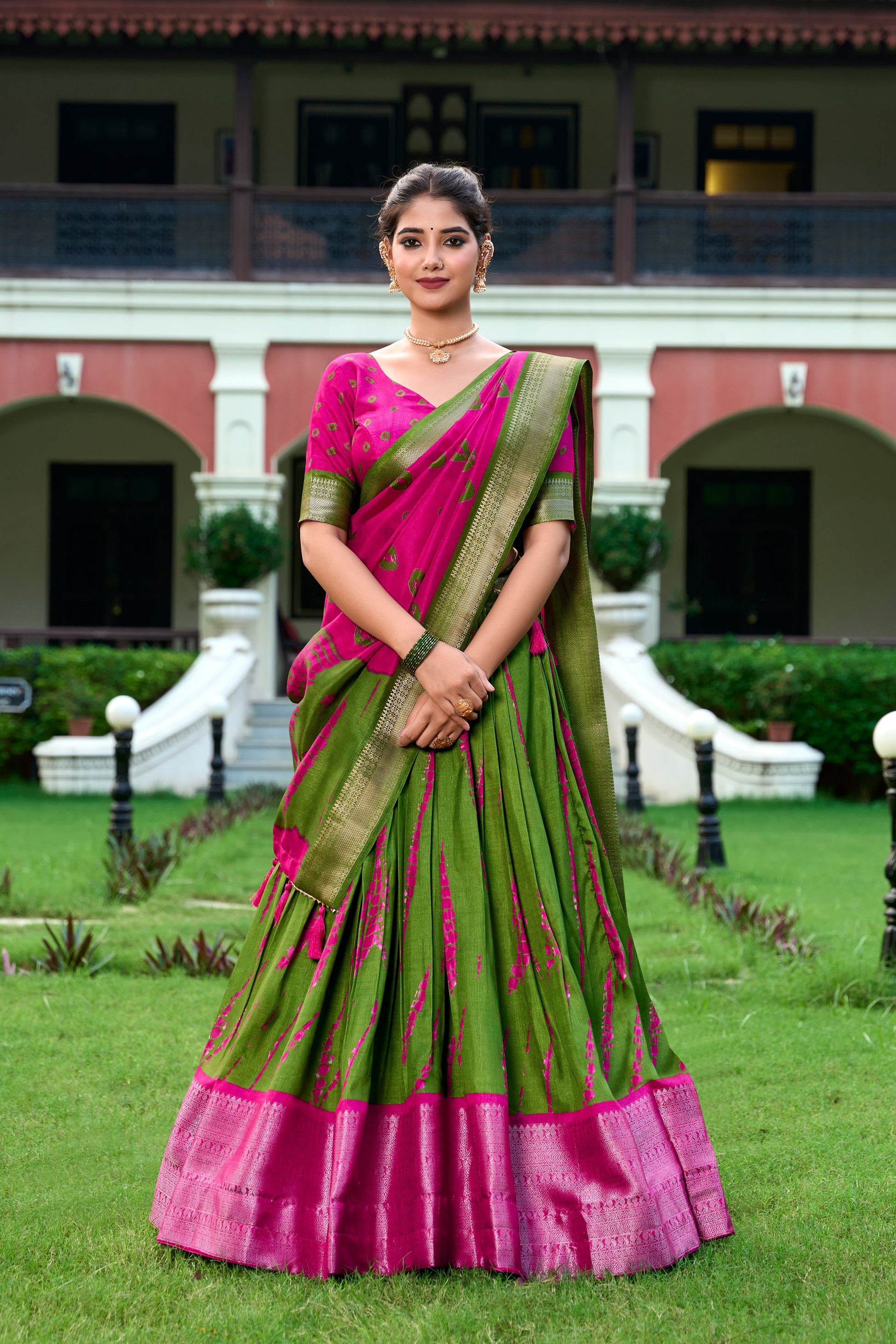 Lorenvalley Green and Pink Dola Silk Shibori Print With Zari Weaving Border Lehenga Choli | Swadesiicart