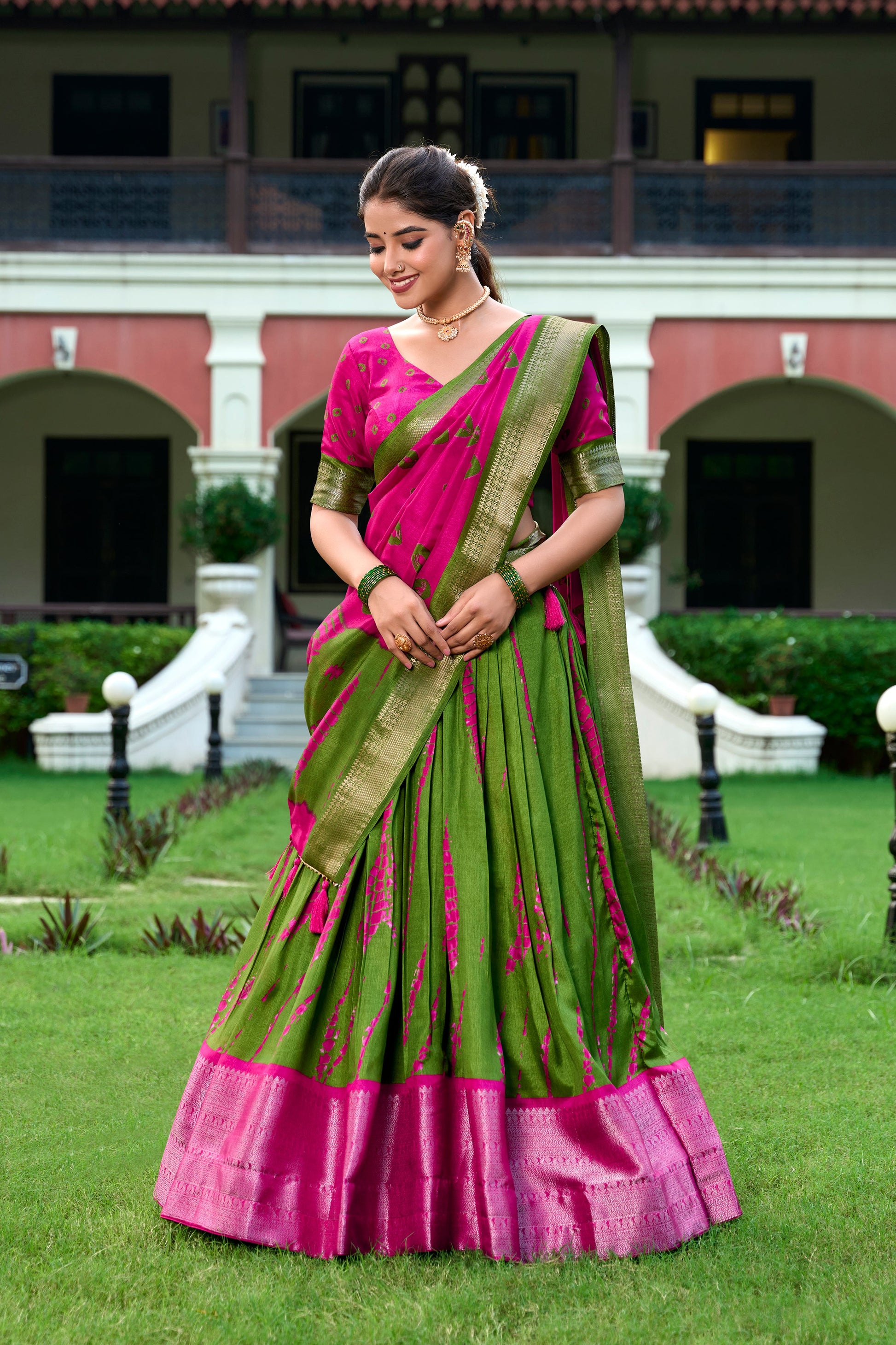 Lorenvalley Green and Pink Dola Silk Shibori Print With Zari Weaving Border Lehenga Choli | Swadesiicart