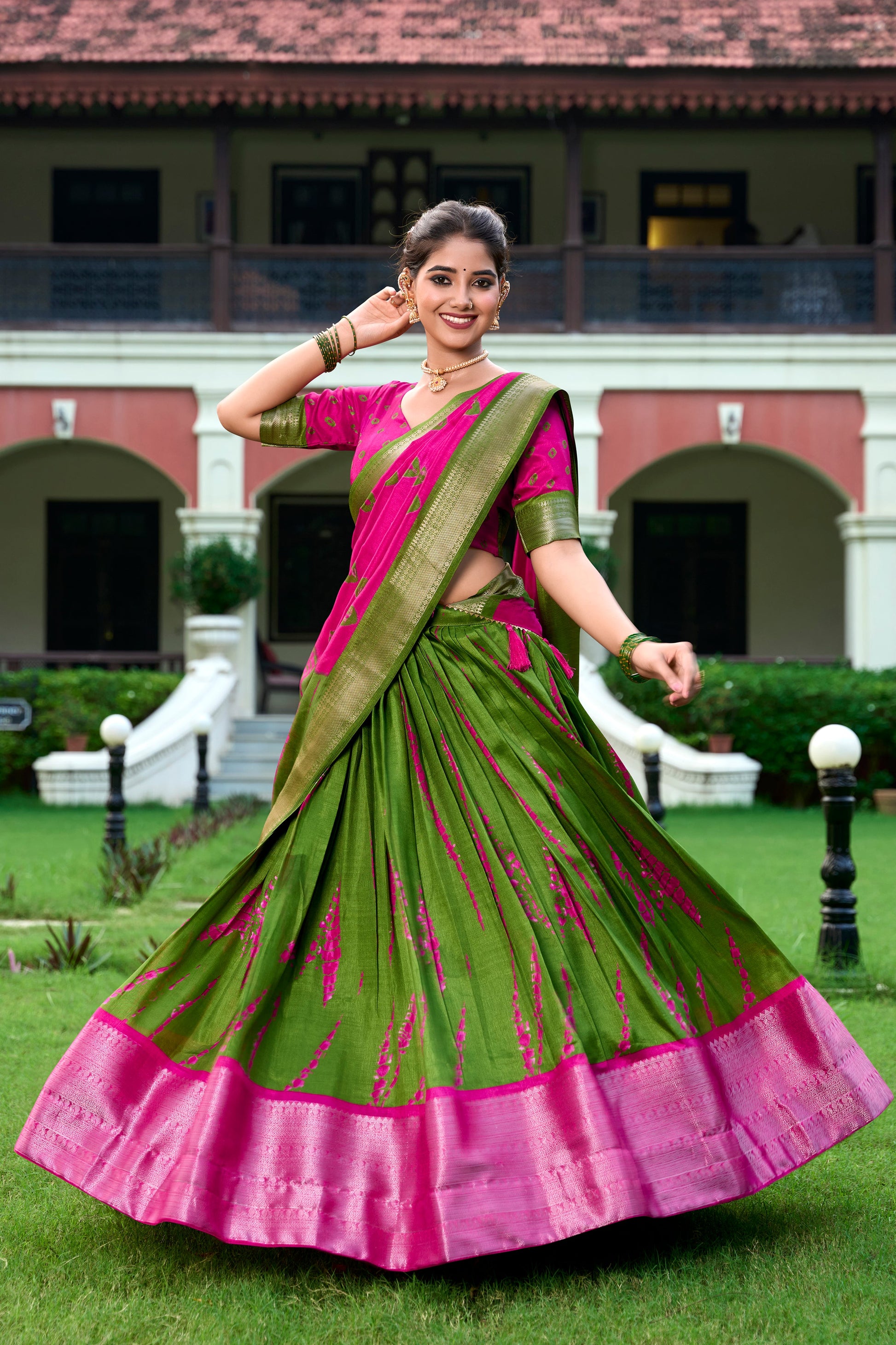 Lorenvalley Green and Pink Dola Silk Shibori Print With Zari Weaving Border Lehenga Choli | Swadesiicart