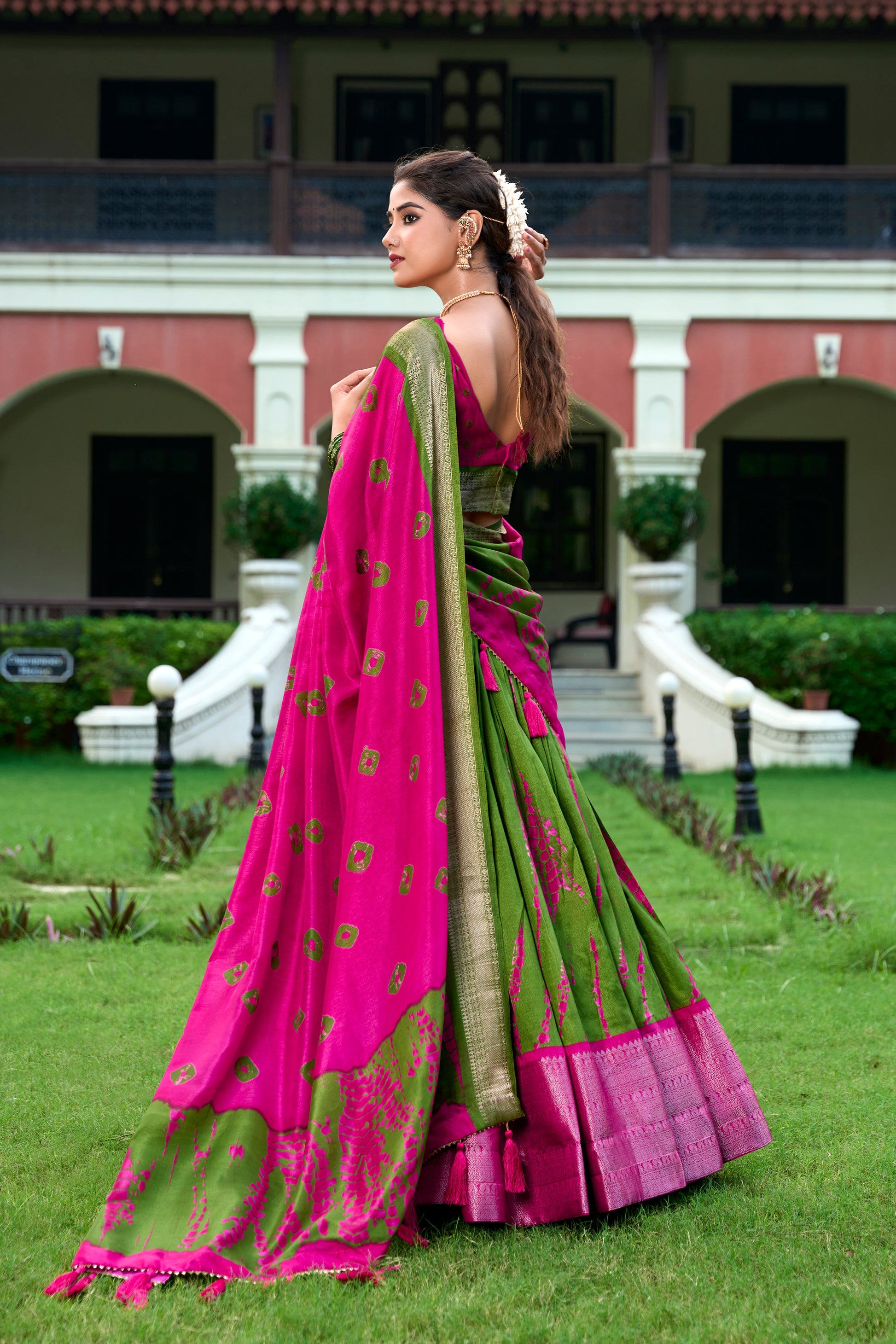 Lorenvalley Green and Pink Dola Silk Shibori Print With Zari Weaving Border Lehenga Choli | Swadesiicart