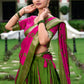Lorenvalley Green and Pink Dola Silk Shibori Print With Zari Weaving Border Lehenga Choli | Swadesiicart