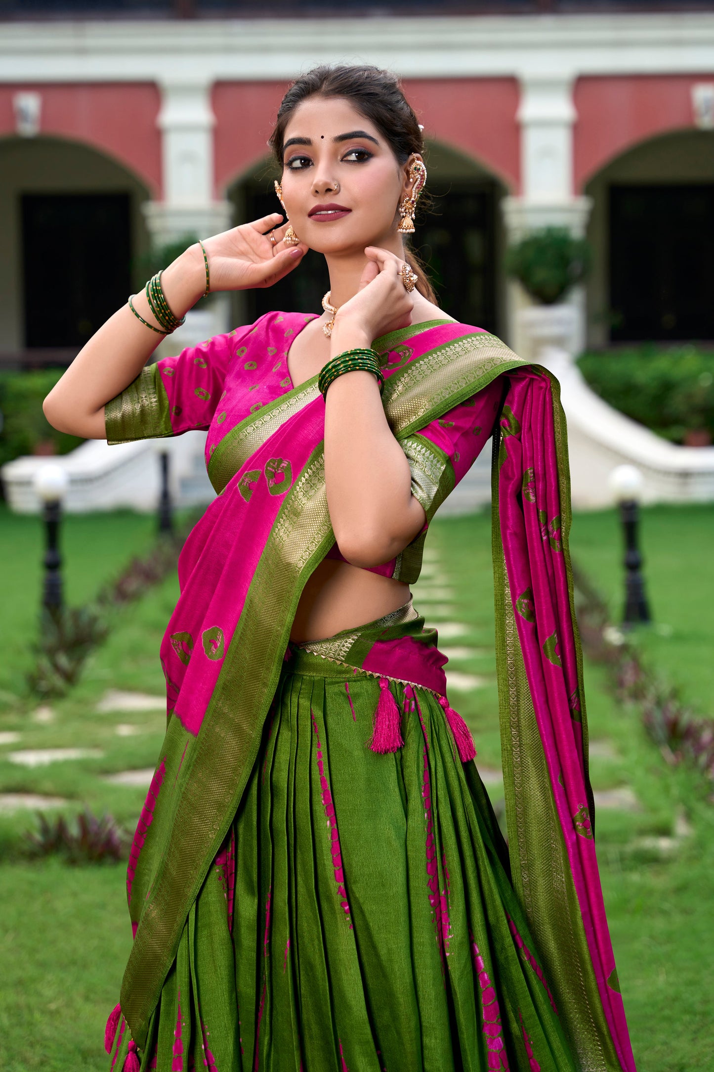 Lorenvalley Green and Pink Dola Silk Shibori Print With Zari Weaving Border Lehenga Choli | Swadesiicart