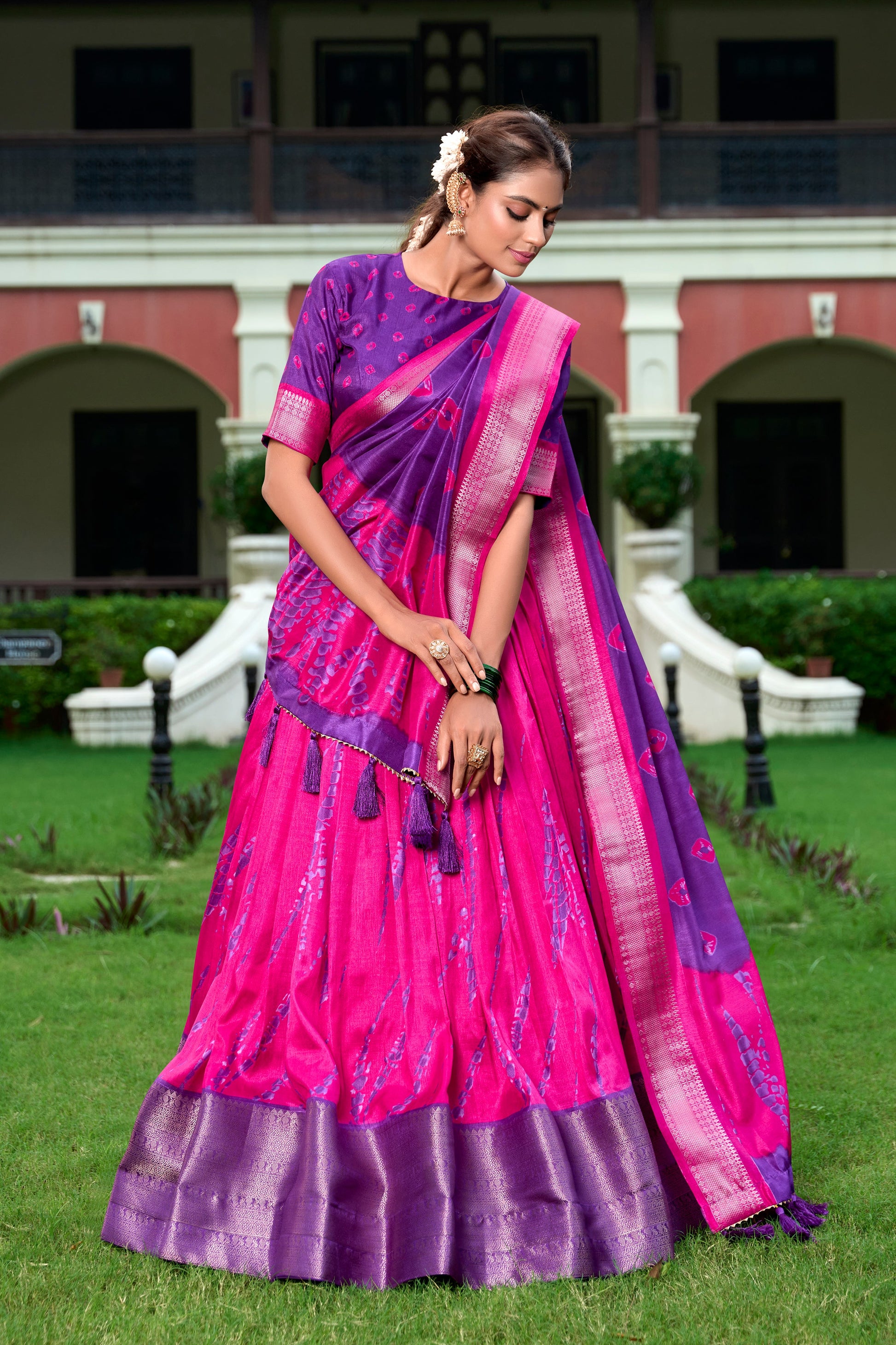 Lorenvalley Pink and Purple Dola Silk Shibori Print With Zari Weaving Border Lehenga Choli | Swadesiicart