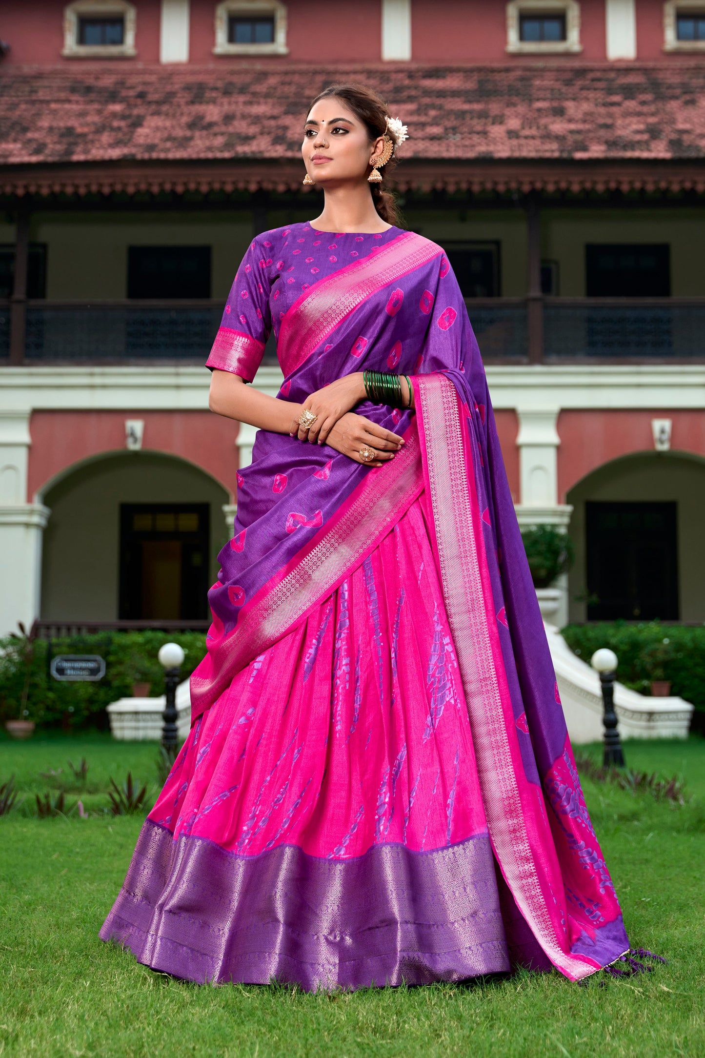 Lorenvalley Pink and Purple Dola Silk Shibori Print With Zari Weaving Border Lehenga Choli | Swadesiicart