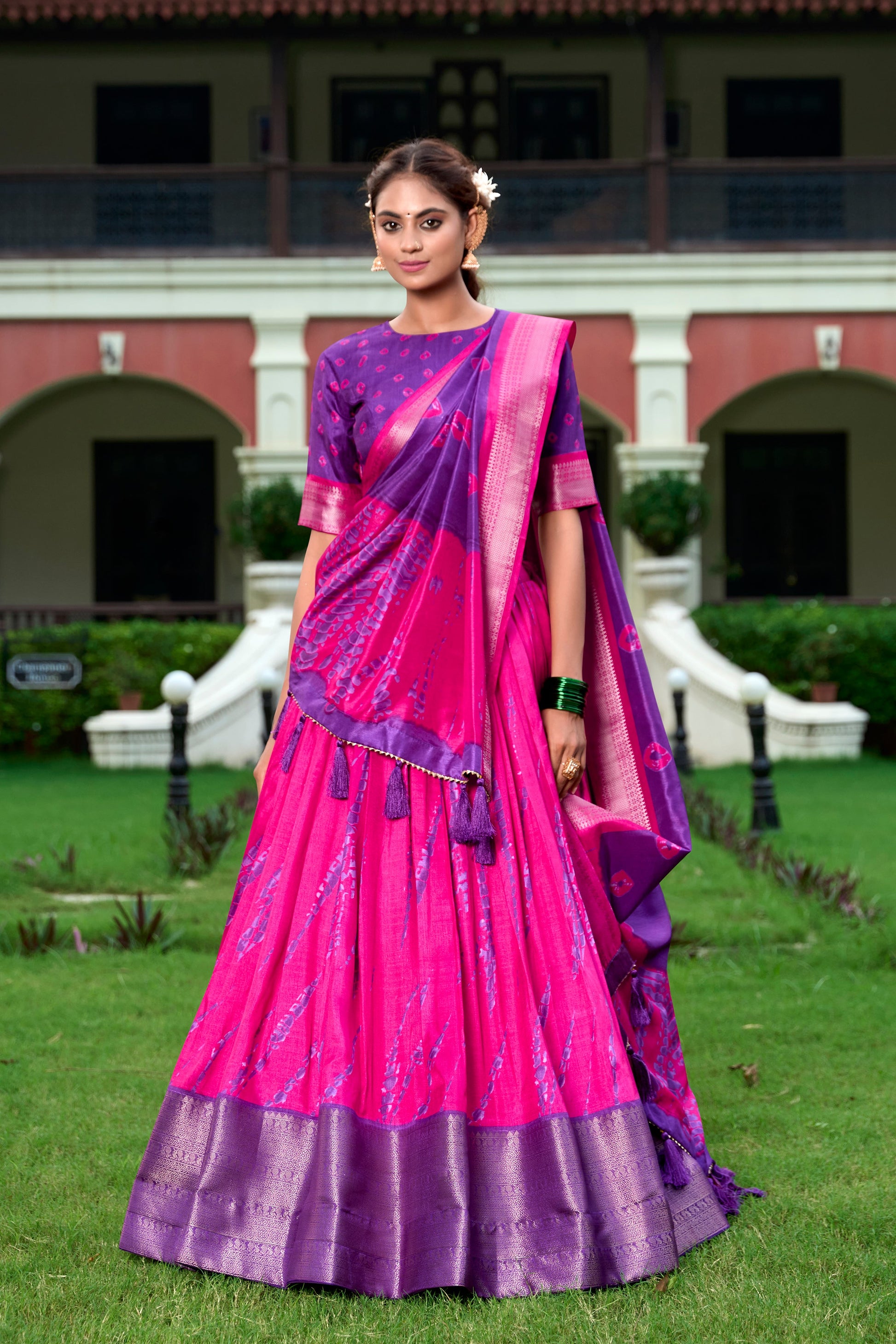 Lorenvalley Pink and Purple Dola Silk Shibori Print With Zari Weaving Border Lehenga Choli | Swadesiicart
