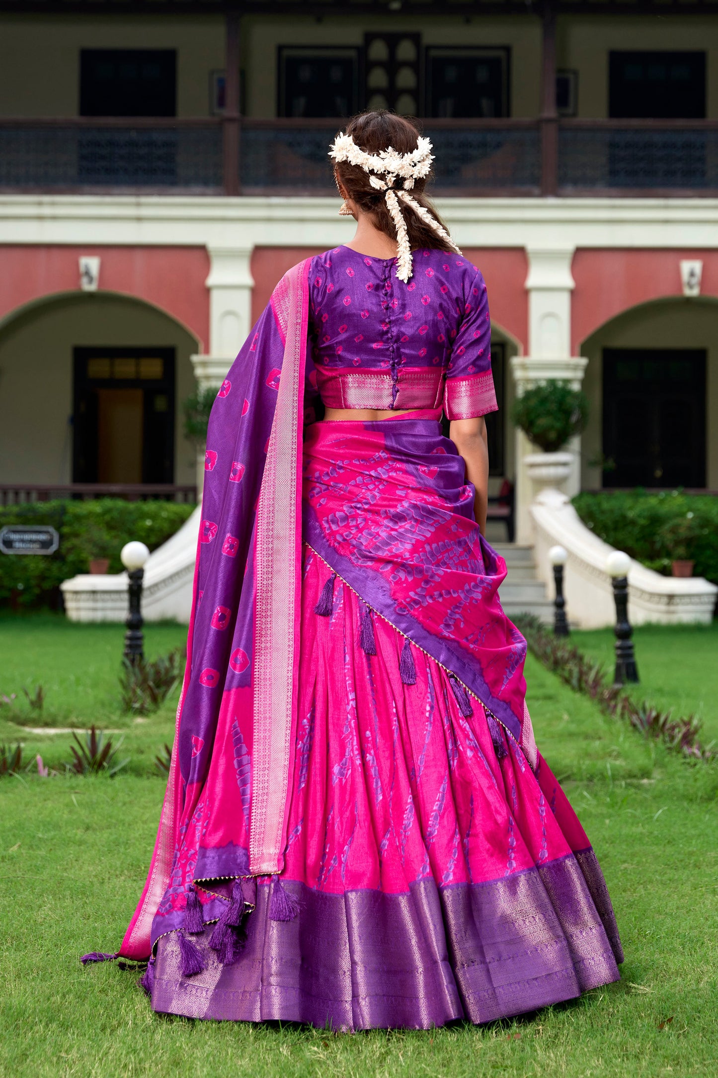 Lorenvalley Pink and Purple Dola Silk Shibori Print With Zari Weaving Border Lehenga Choli | Swadesiicart