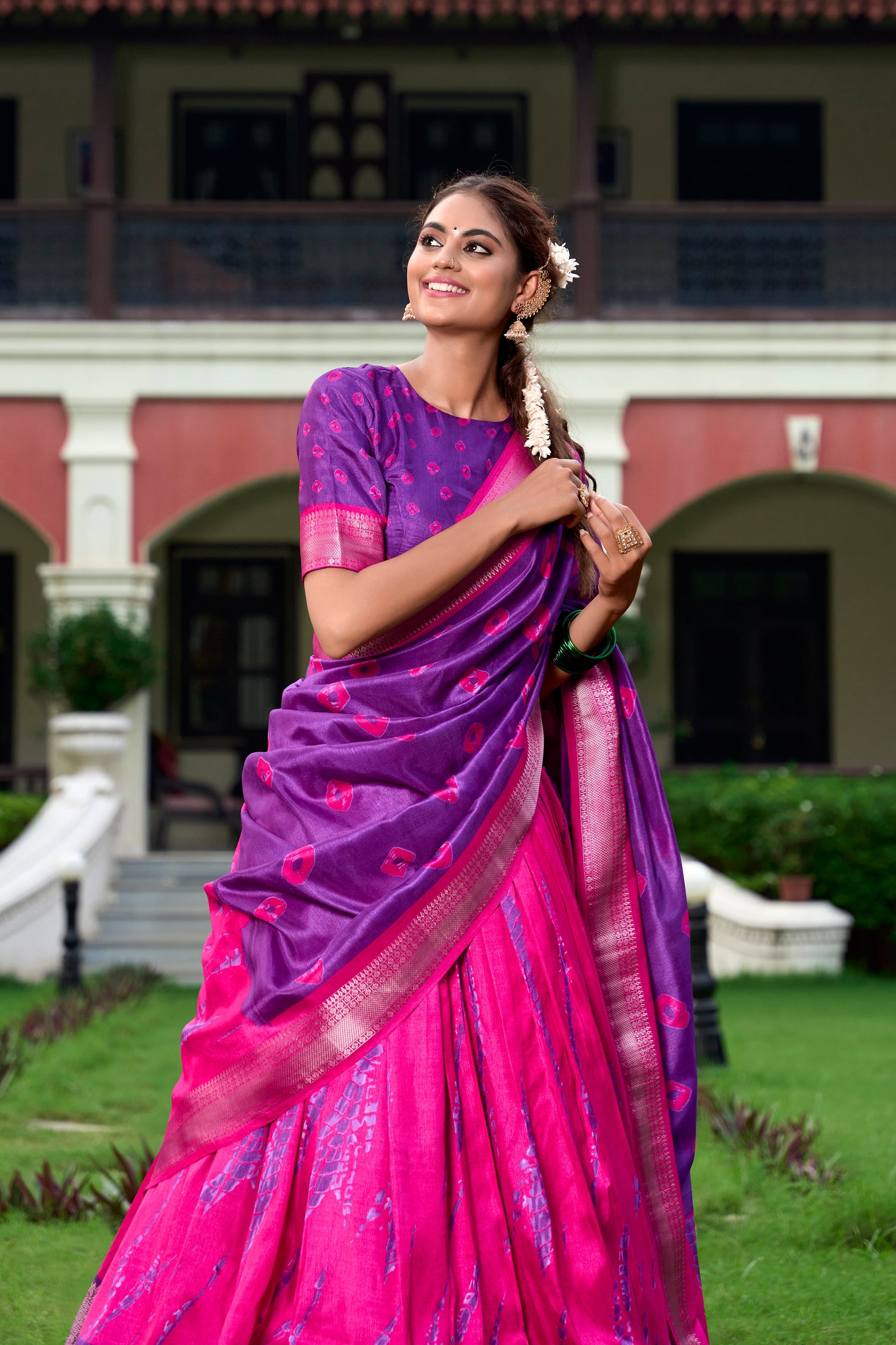 Lorenvalley Pink and Purple Dola Silk Shibori Print With Zari Weaving Border Lehenga Choli | Swadesiicart