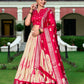Lorenvalley Cream and Red Dola Silk Shibori Print With Zari Weaving Border Lehenga Choli | Swadesiicart