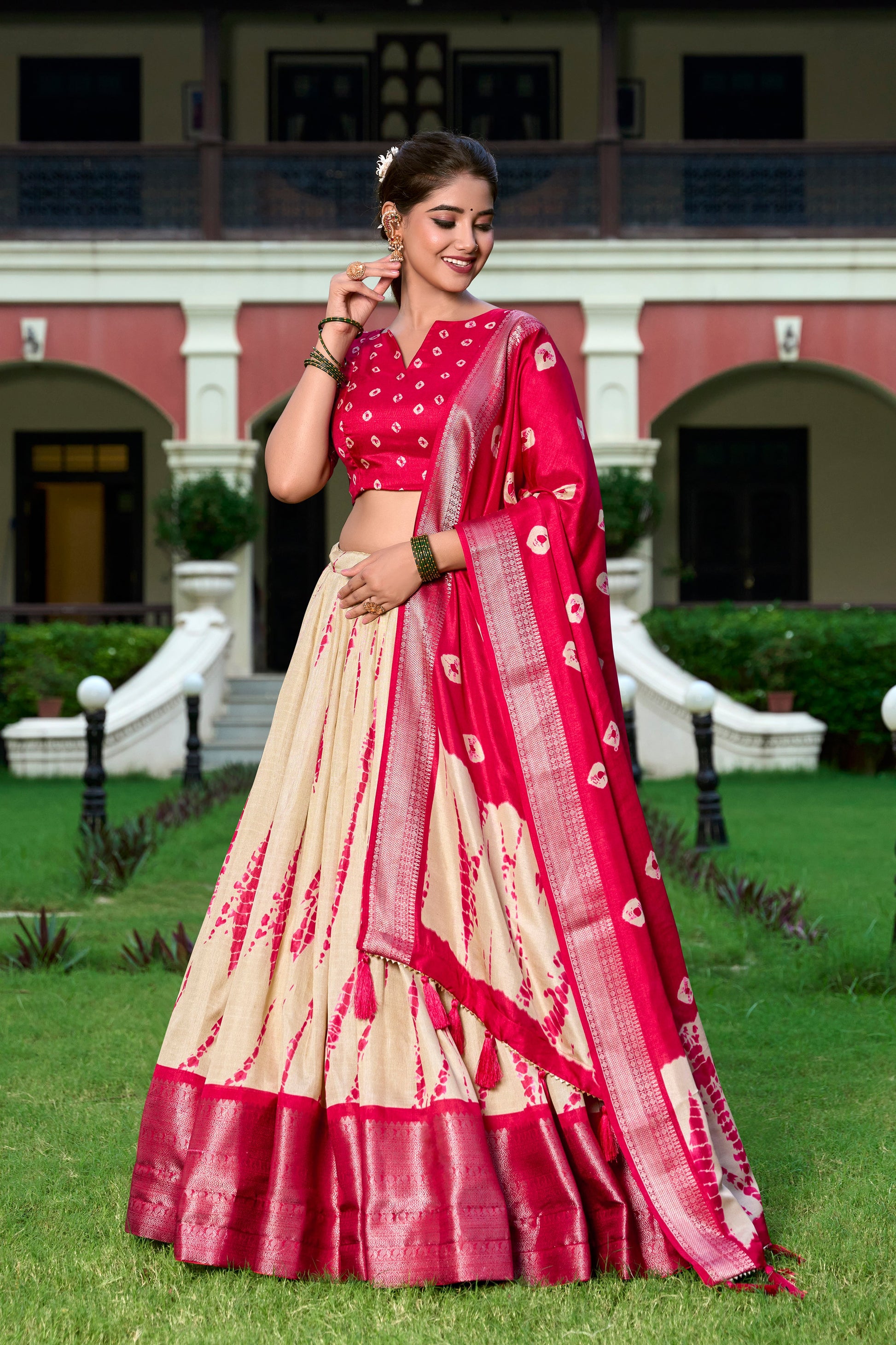 Lorenvalley Cream and Red Dola Silk Shibori Print With Zari Weaving Border Lehenga Choli | Swadesiicart