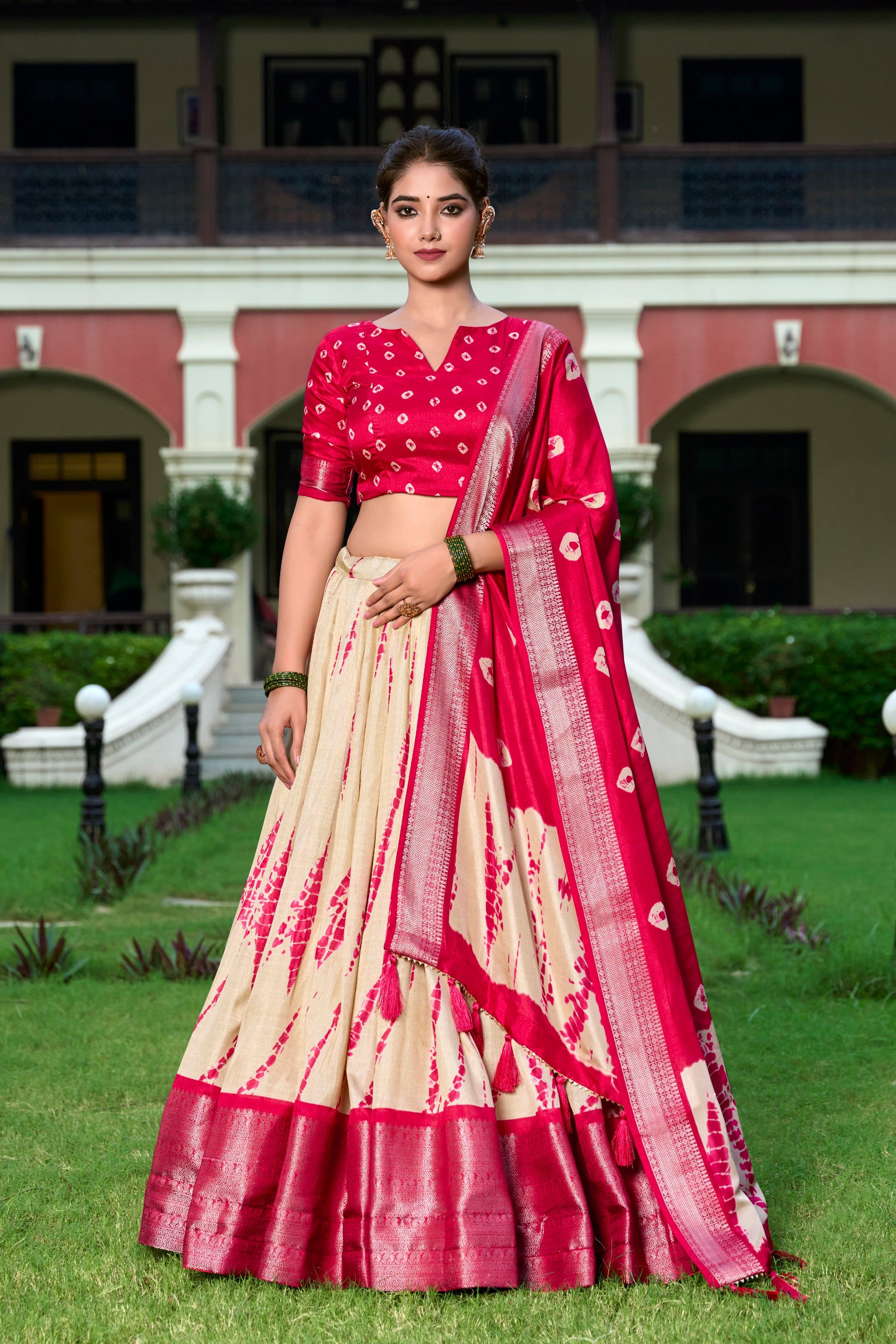 Lorenvalley Cream and Red Dola Silk Shibori Print With Zari Weaving Border Lehenga Choli | Swadesiicart