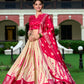 Lorenvalley Cream and Red Dola Silk Shibori Print With Zari Weaving Border Lehenga Choli | Swadesiicart