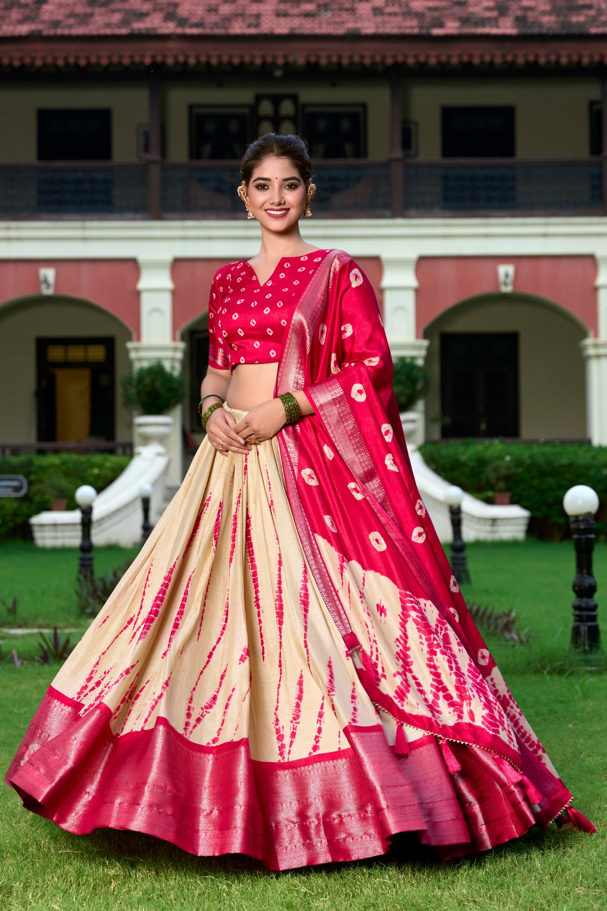 Lorenvalley Cream and Red Dola Silk Shibori Print With Zari Weaving Border Lehenga Choli | Swadesiicart