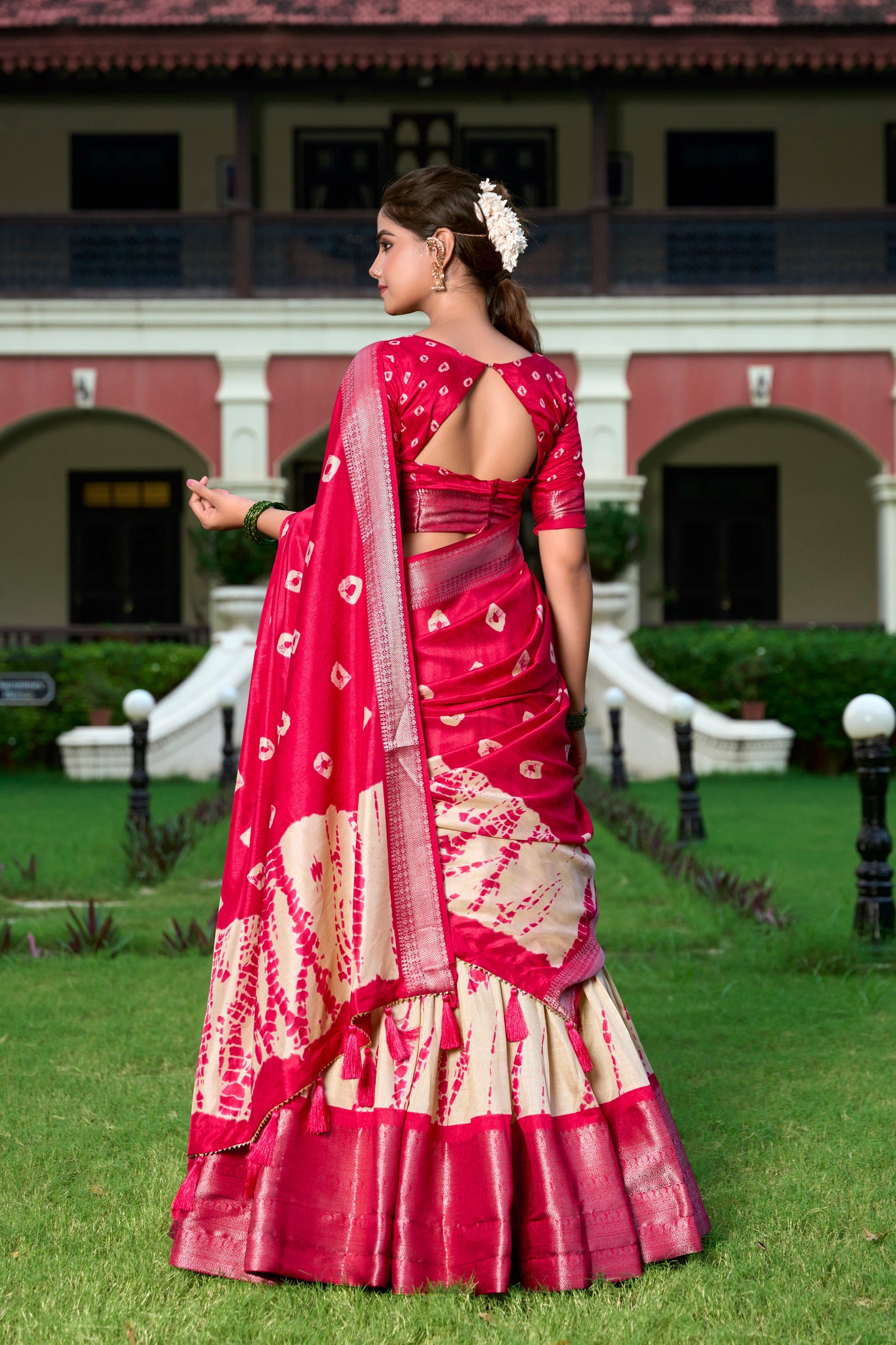 Lorenvalley Cream and Red Dola Silk Shibori Print With Zari Weaving Border Lehenga Choli | Swadesiicart