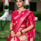 Lorenvalley Cream and Red Dola Silk Shibori Print With Zari Weaving Border Lehenga Choli | Swadesiicart