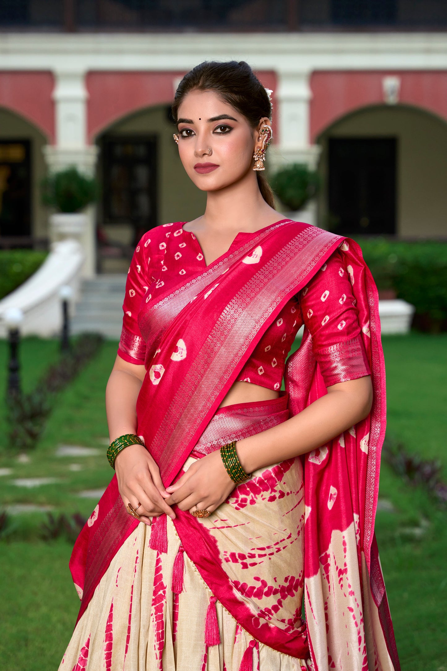 Lorenvalley Cream and Red Dola Silk Shibori Print With Zari Weaving Border Lehenga Choli | Swadesiicart