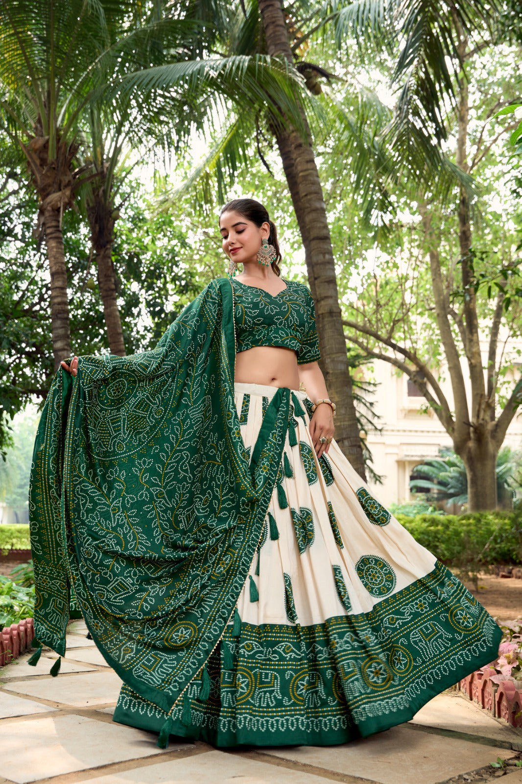 Lorenvalley Green Artistry in Tussar Silk with Bandhej Print Lehenga Choli | Swadesiicart