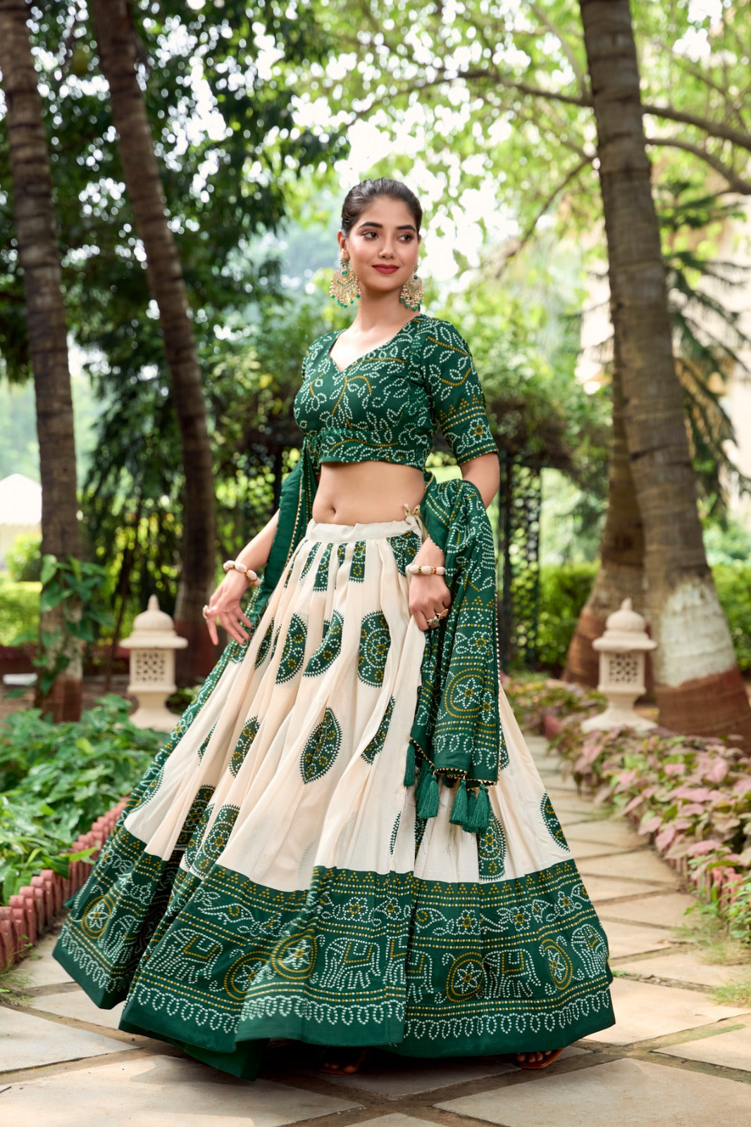 Lorenvalley Green Artistry in Tussar Silk with Bandhej Print Lehenga Choli | Swadesiicart