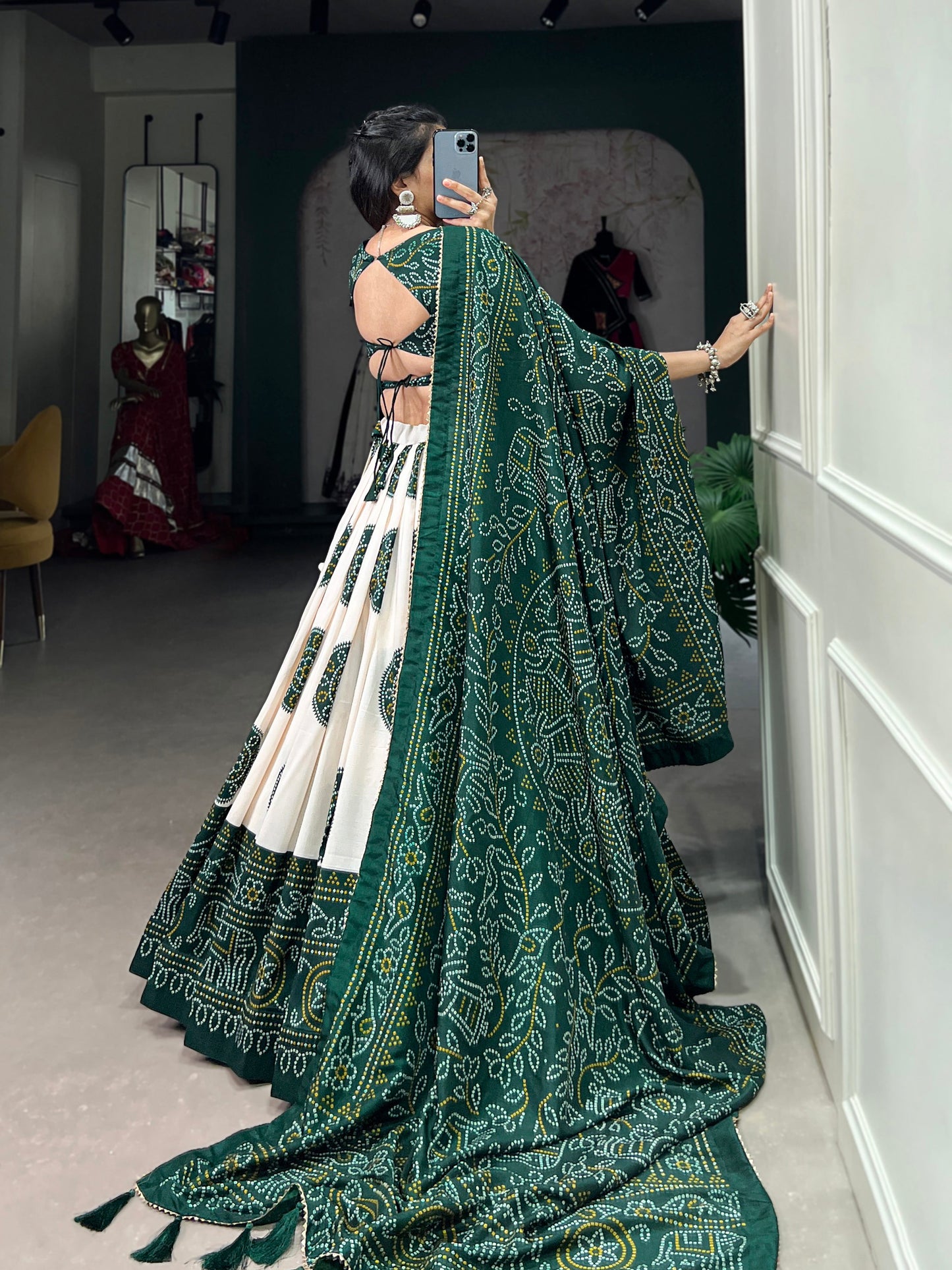 Lorenvalley Green Artistry in Tussar Silk with Bandhej Print Lehenga Choli | Swadesiicart