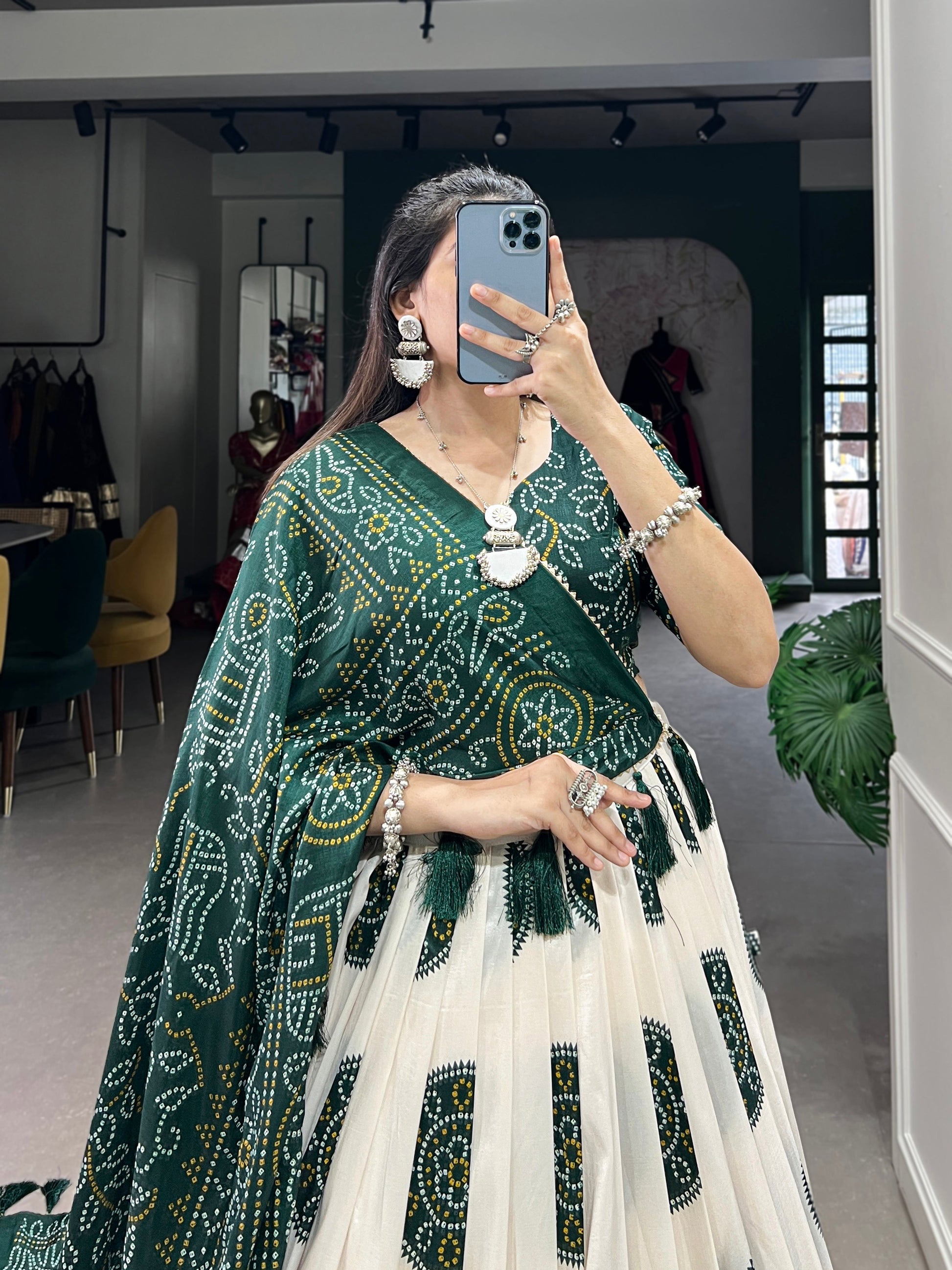 Lorenvalley Green Artistry in Tussar Silk with Bandhej Print Lehenga Choli | Swadesiicart