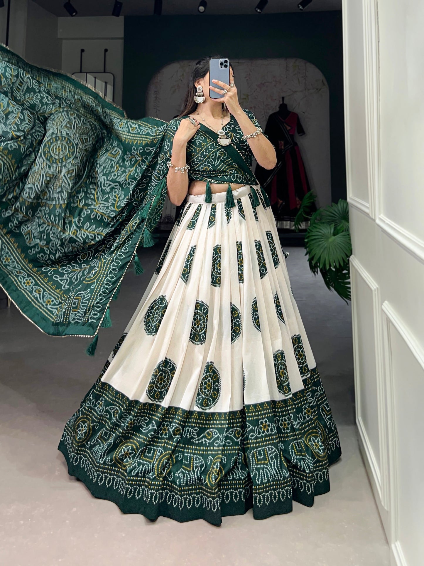Lorenvalley Green Artistry in Tussar Silk with Bandhej Print Lehenga Choli | Swadesiicart