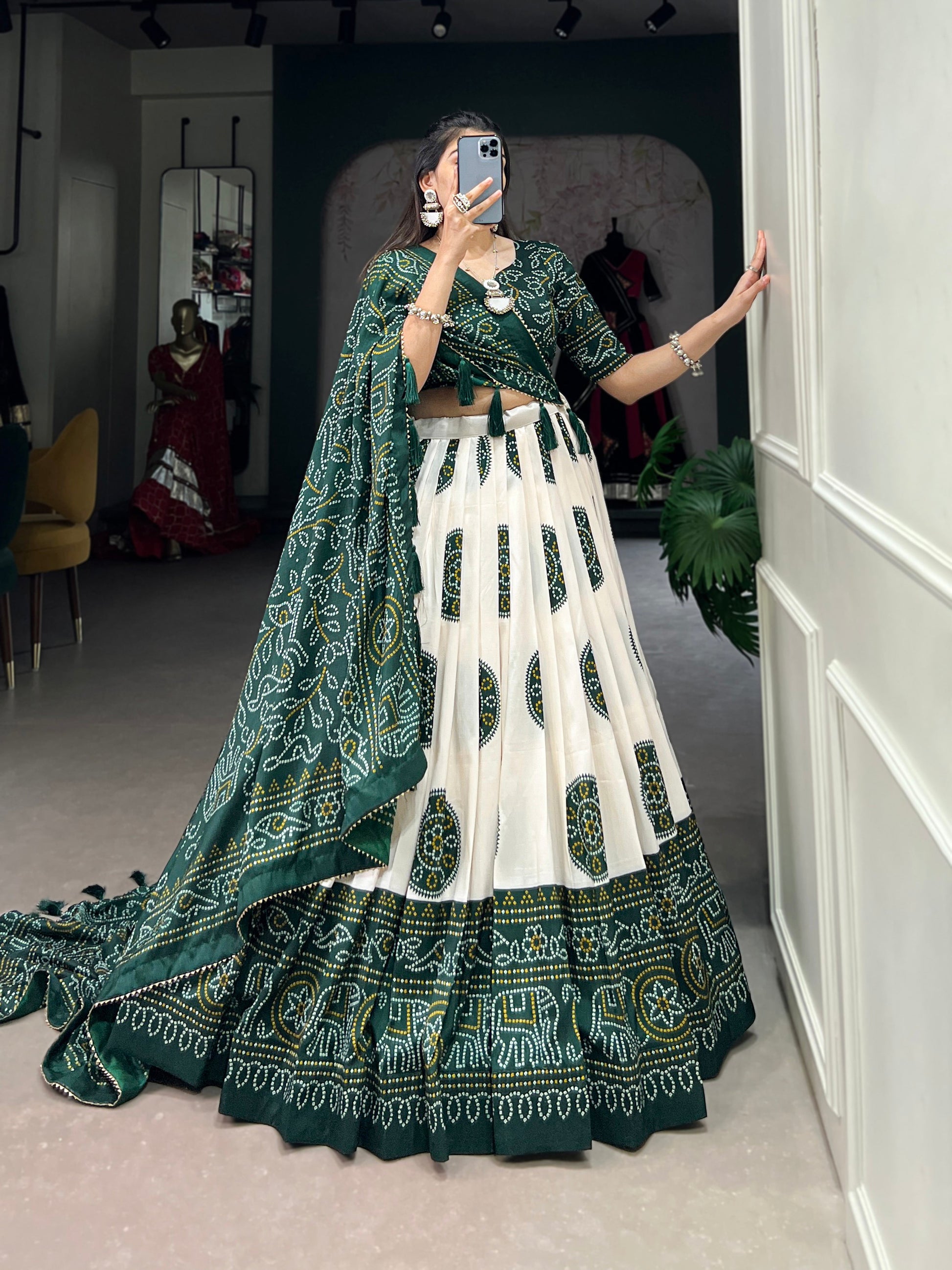 Lorenvalley Green Artistry in Tussar Silk with Bandhej Print Lehenga Choli | Swadesiicart
