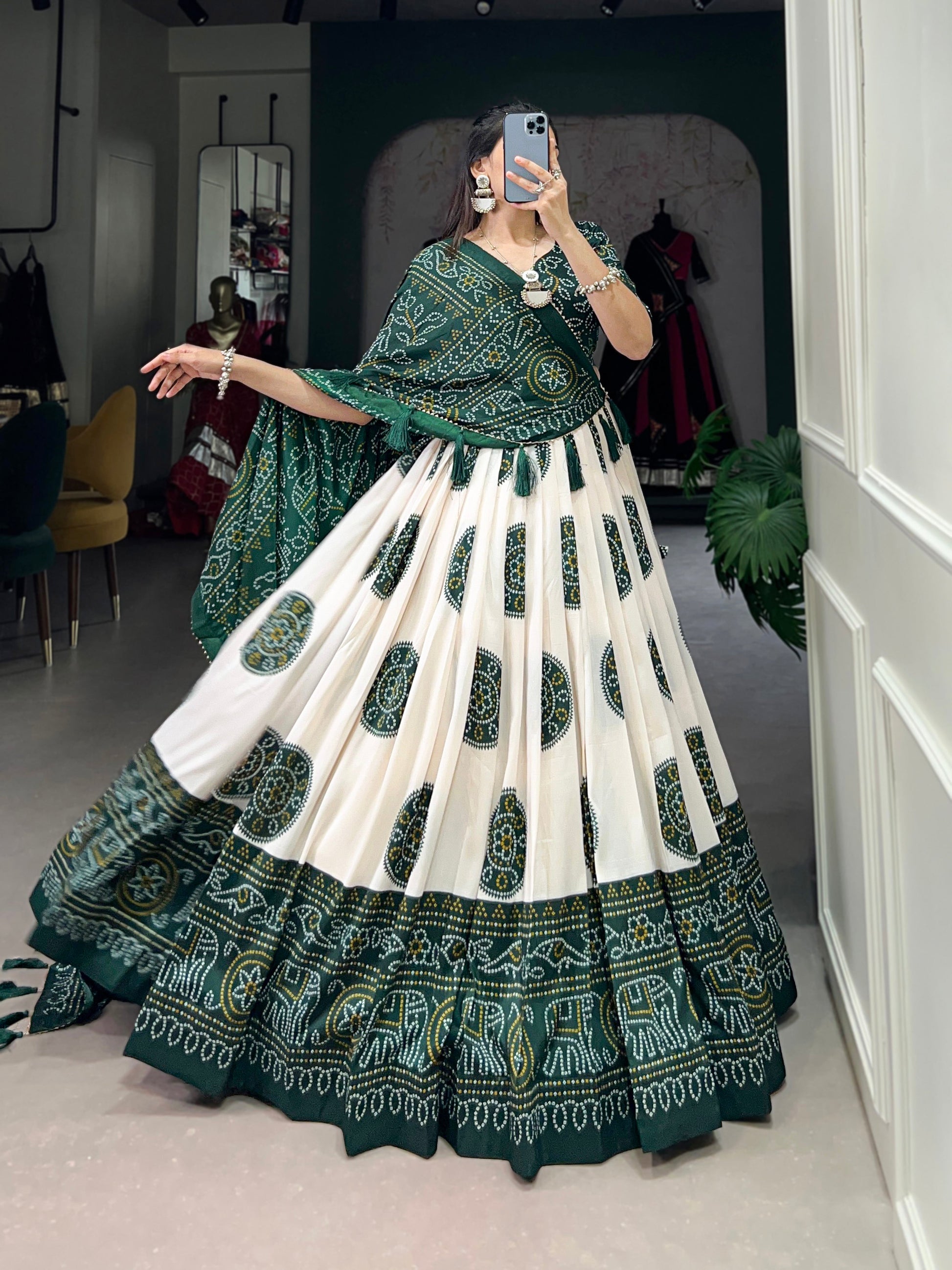 Lorenvalley Green Artistry in Tussar Silk with Bandhej Print Lehenga Choli | Swadesiicart