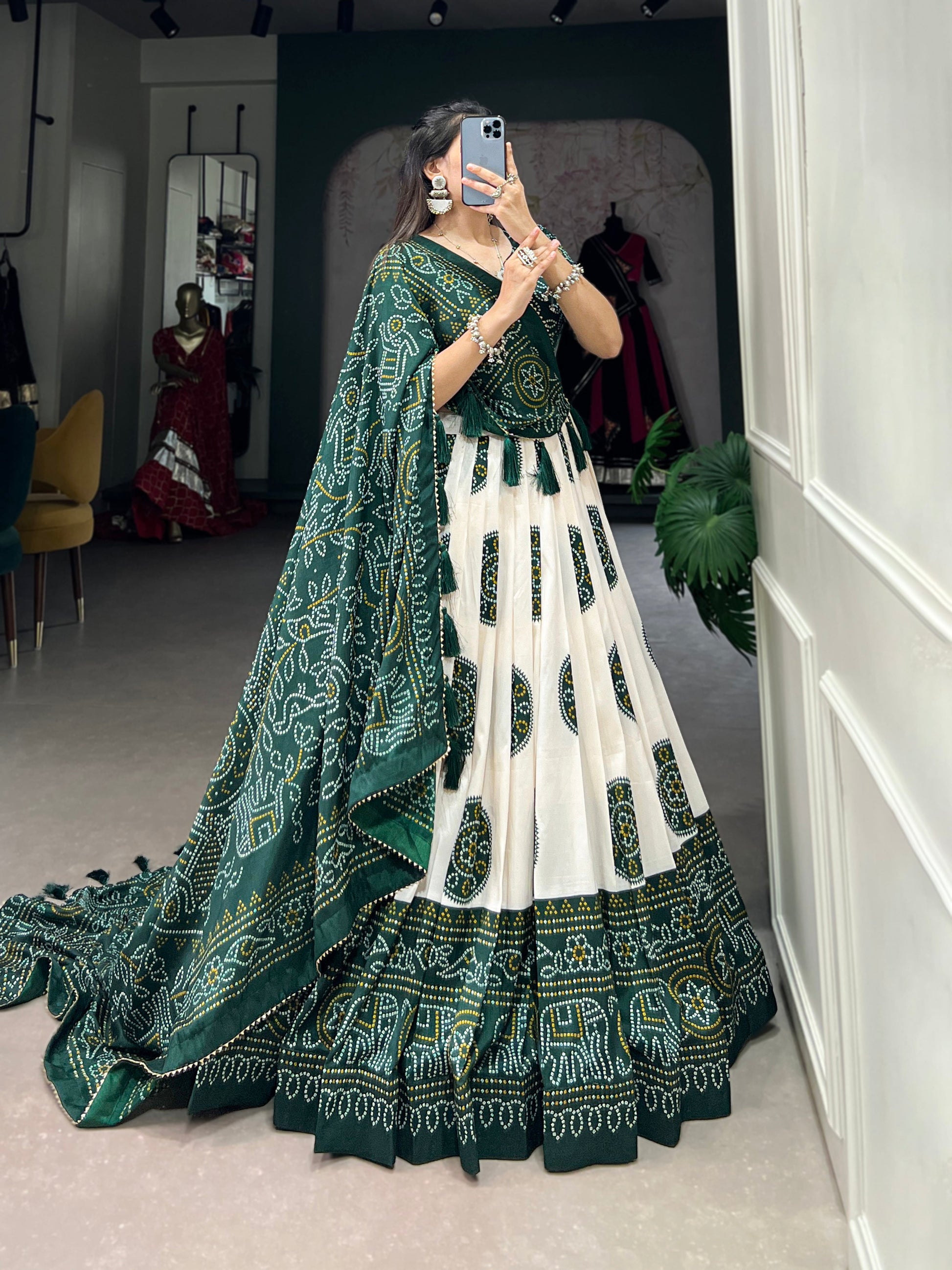 Lorenvalley Green Artistry in Tussar Silk with Bandhej Print Lehenga Choli | Swadesiicart