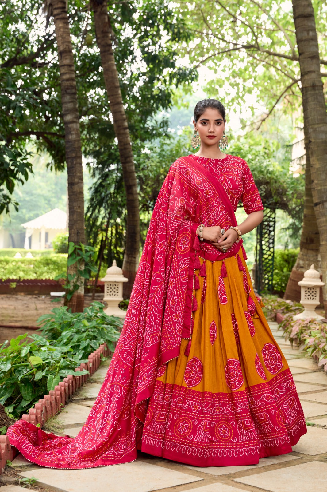 Lorenvalley Mustard Artistry in Tussar Silk with Bandhej Print Lehenga Choli | Swadesiicart