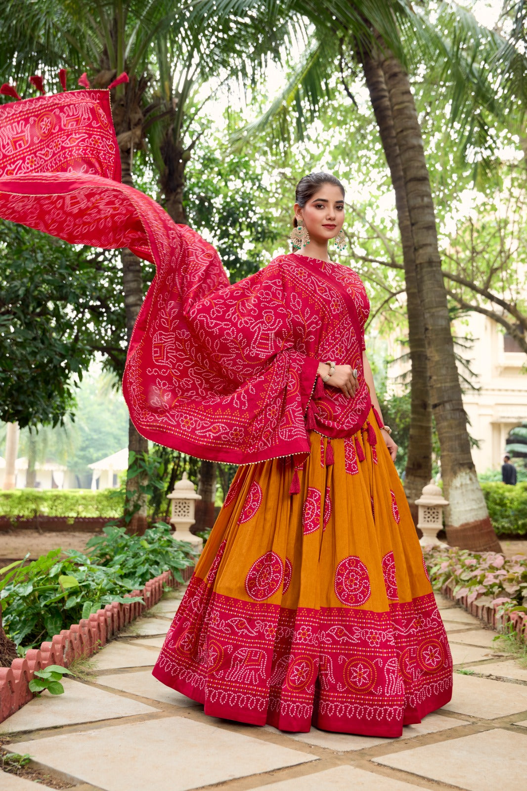 Lorenvalley Mustard Artistry in Tussar Silk with Bandhej Print Lehenga Choli | Swadesiicart