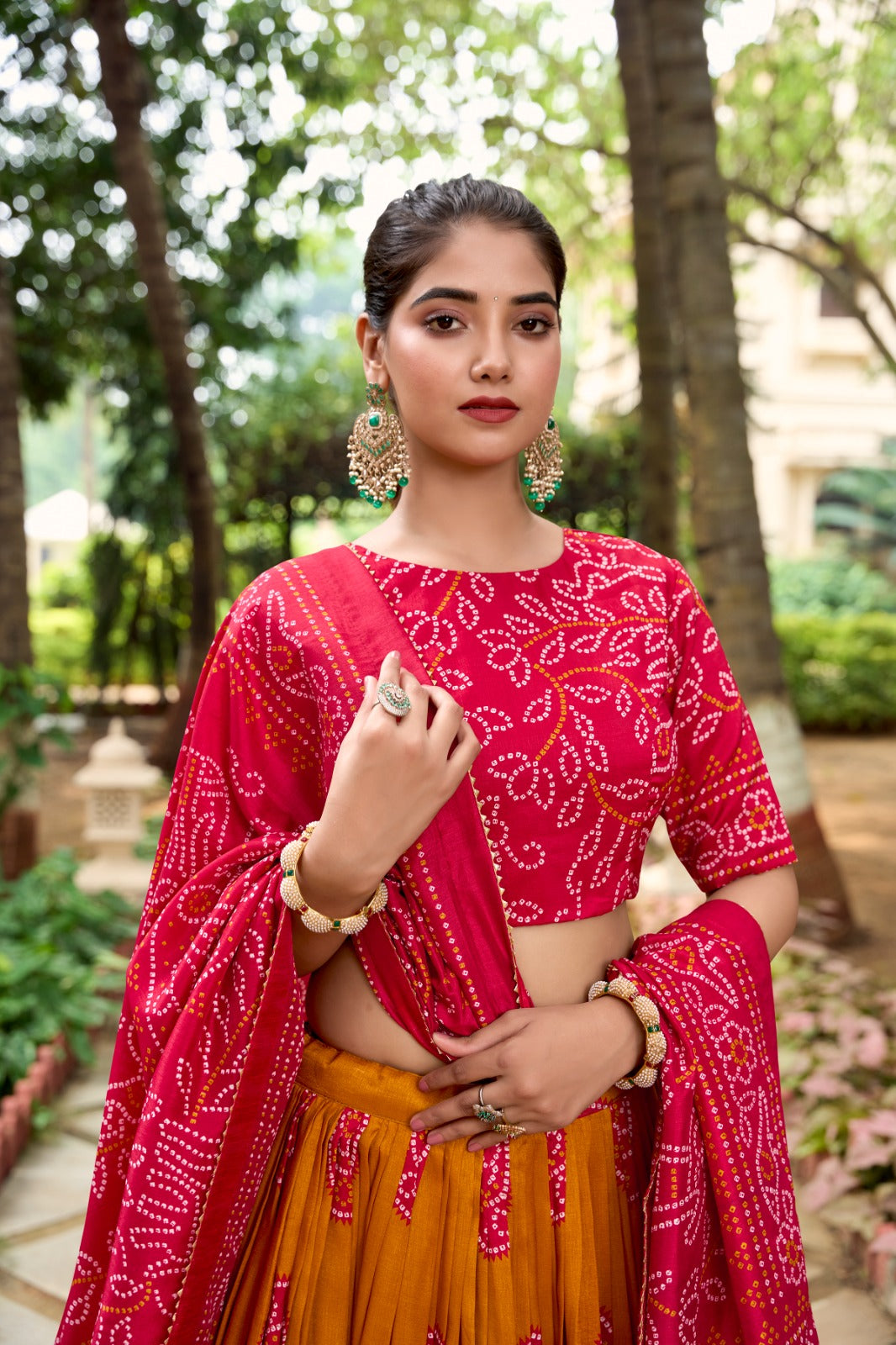 Lorenvalley Mustard Artistry in Tussar Silk with Bandhej Print Lehenga Choli | Swadesiicart