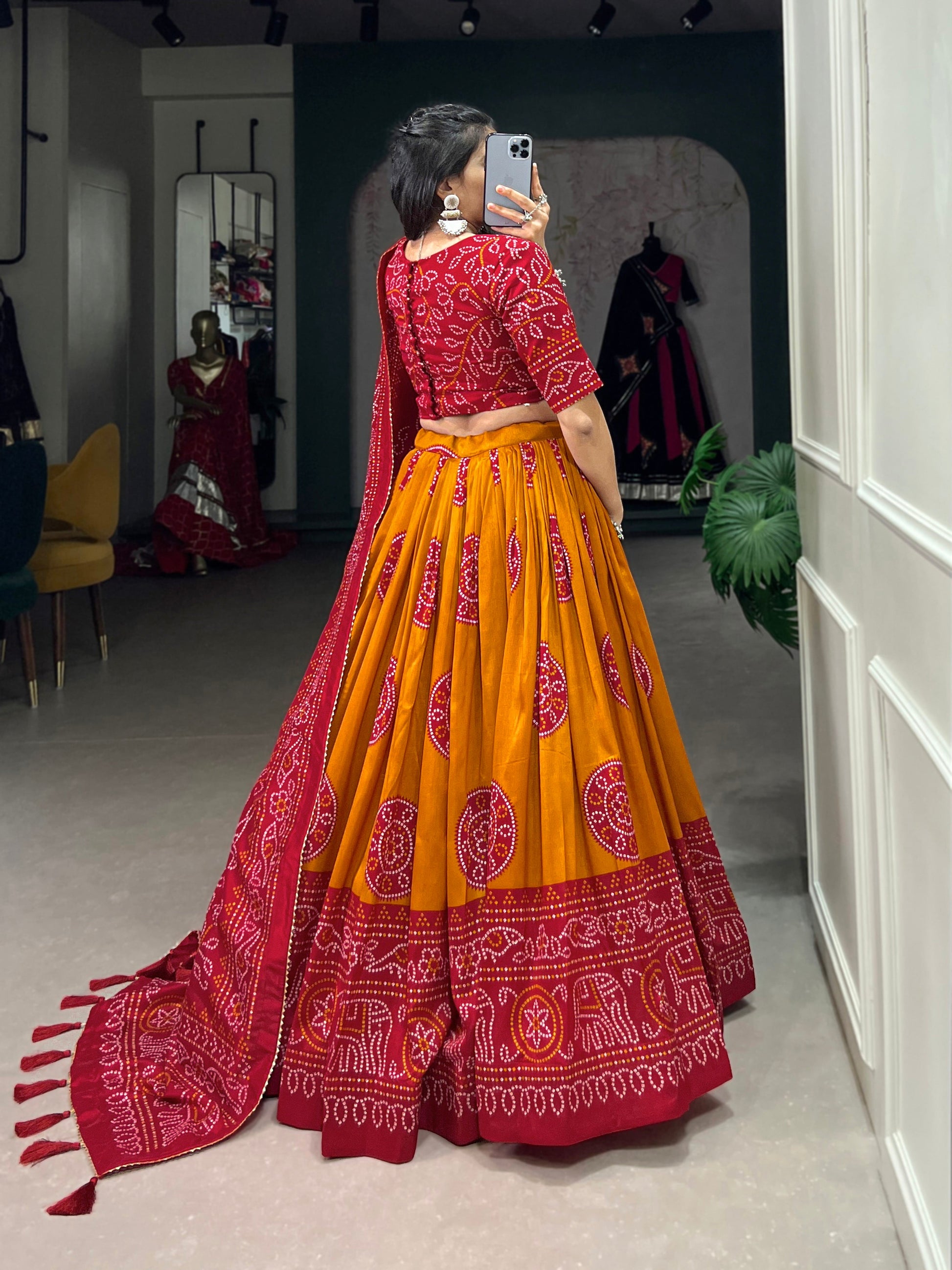 Lorenvalley Mustard Artistry in Tussar Silk with Bandhej Print Lehenga Choli | Swadesiicart