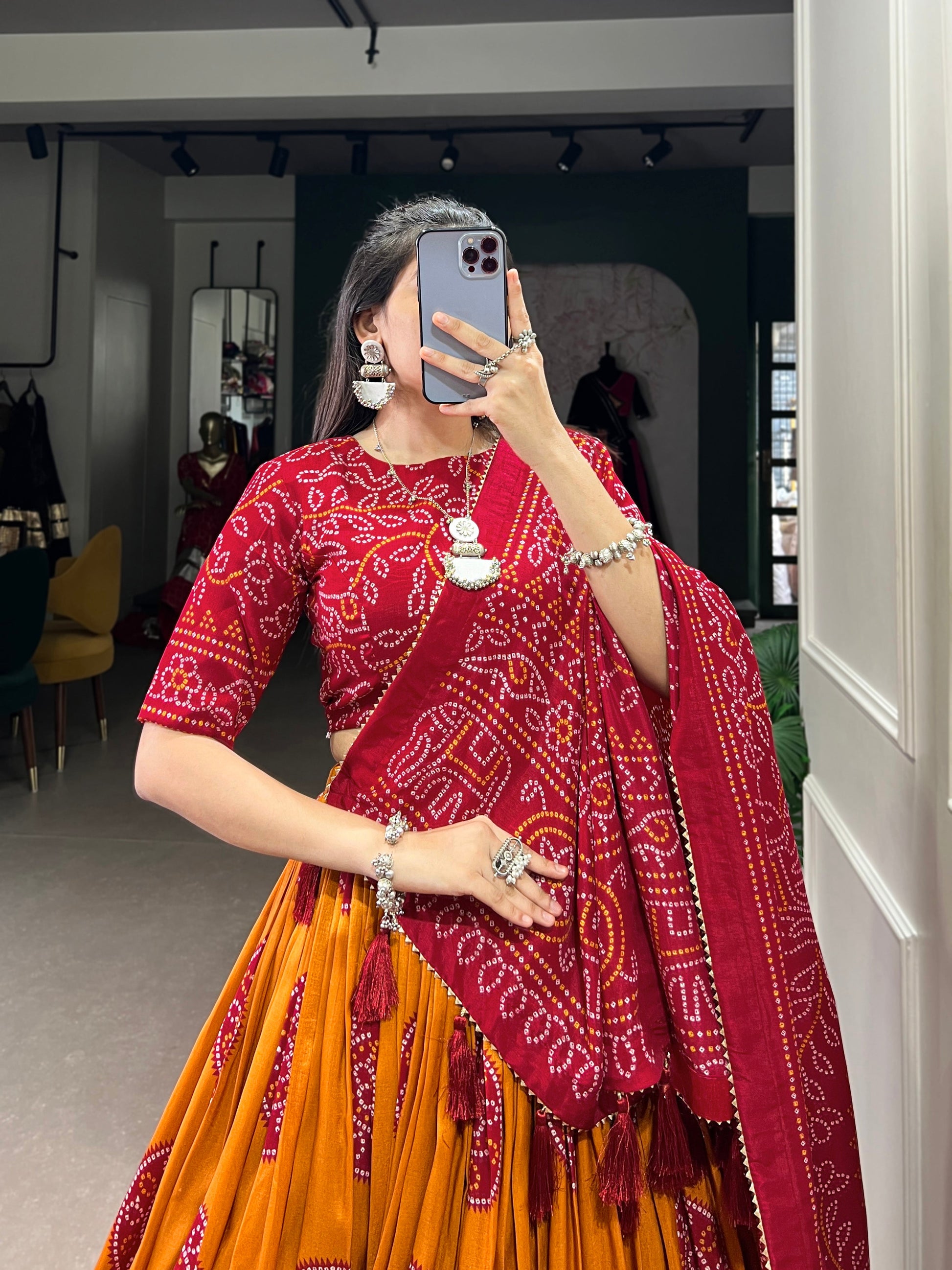 Lorenvalley Mustard Artistry in Tussar Silk with Bandhej Print Lehenga Choli | Swadesiicart